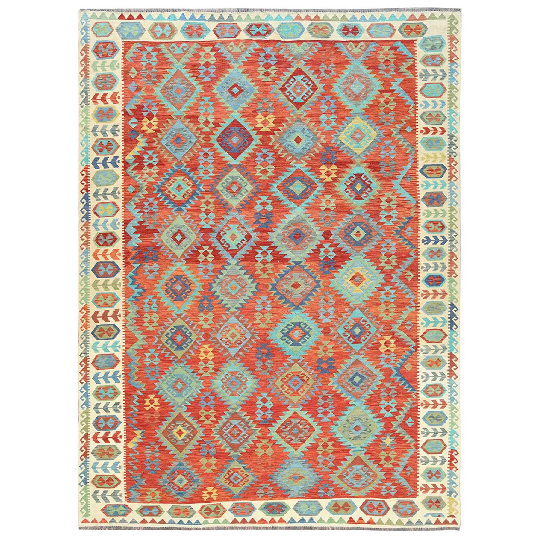 9'6"x13' Terracotta Colors, Hand Woven Afghan Kilim with Geometric Elements, Flat Weave Veggie Dyes Vibrant Wool, Reversible Oriental Rug 