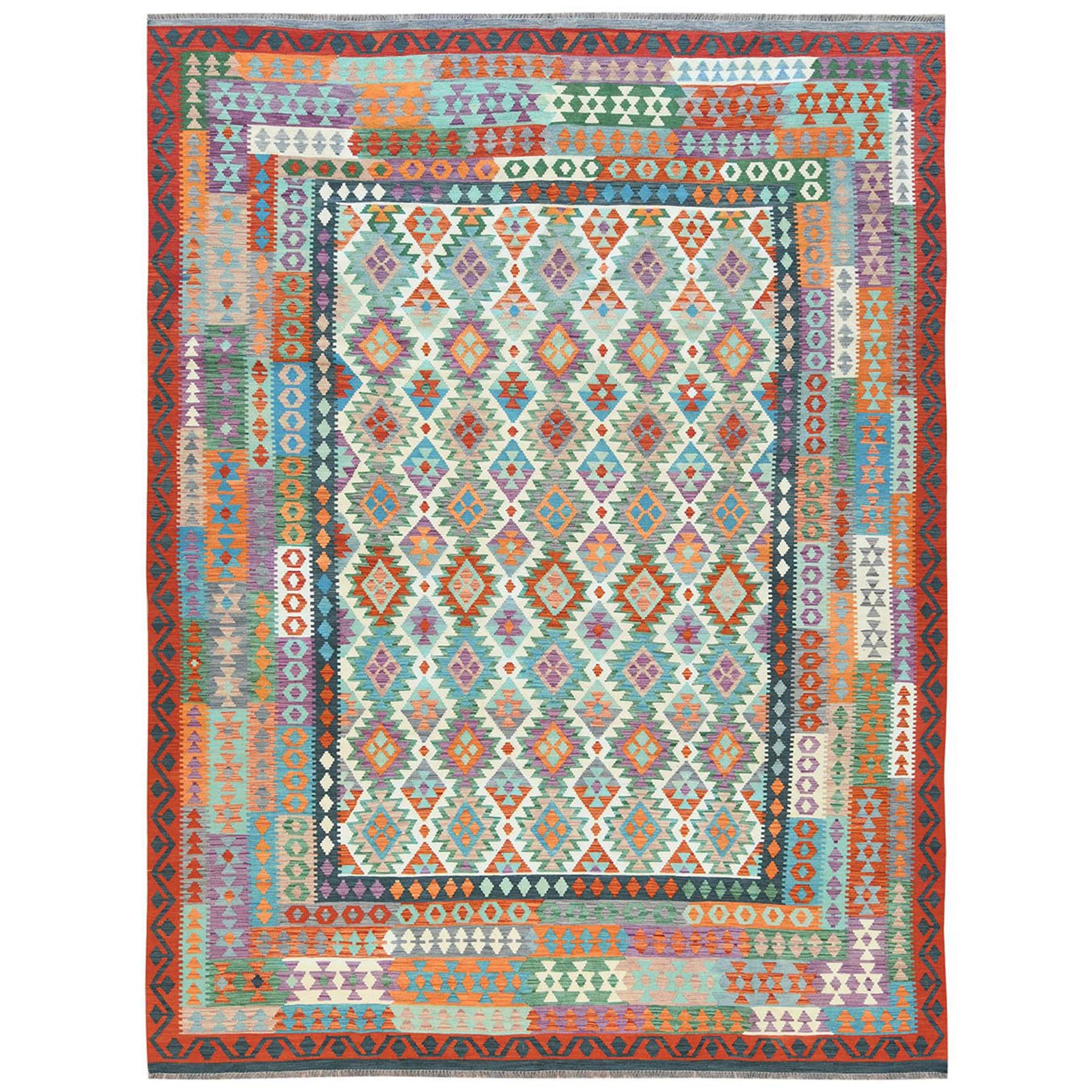9'10"x13'2" Colorful, Afghan Kilim with Geometric Design Flat Weave, Veggie Dyes Pure Wool Hand Woven, Reversible Oriental Rug 