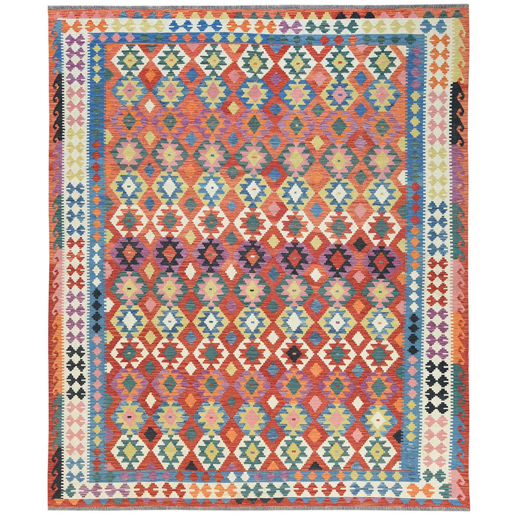 10'4"x12'7" Colorful, Pure Wool Hand Woven, Afghan Kilim with Geometric Design Flat Weave Veggie Dyes, Reversible Oriental Rug 