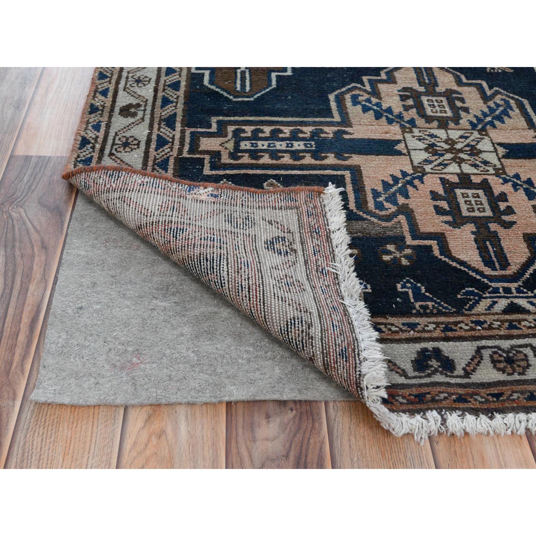 3'5"x9'7" Midnight Blue, Vintage Persian Malayer with Small Bird Figurines, Abrash, Distressed, Sheared Low Hand Woven Pure Wool Wide Runner Oriental Rug 