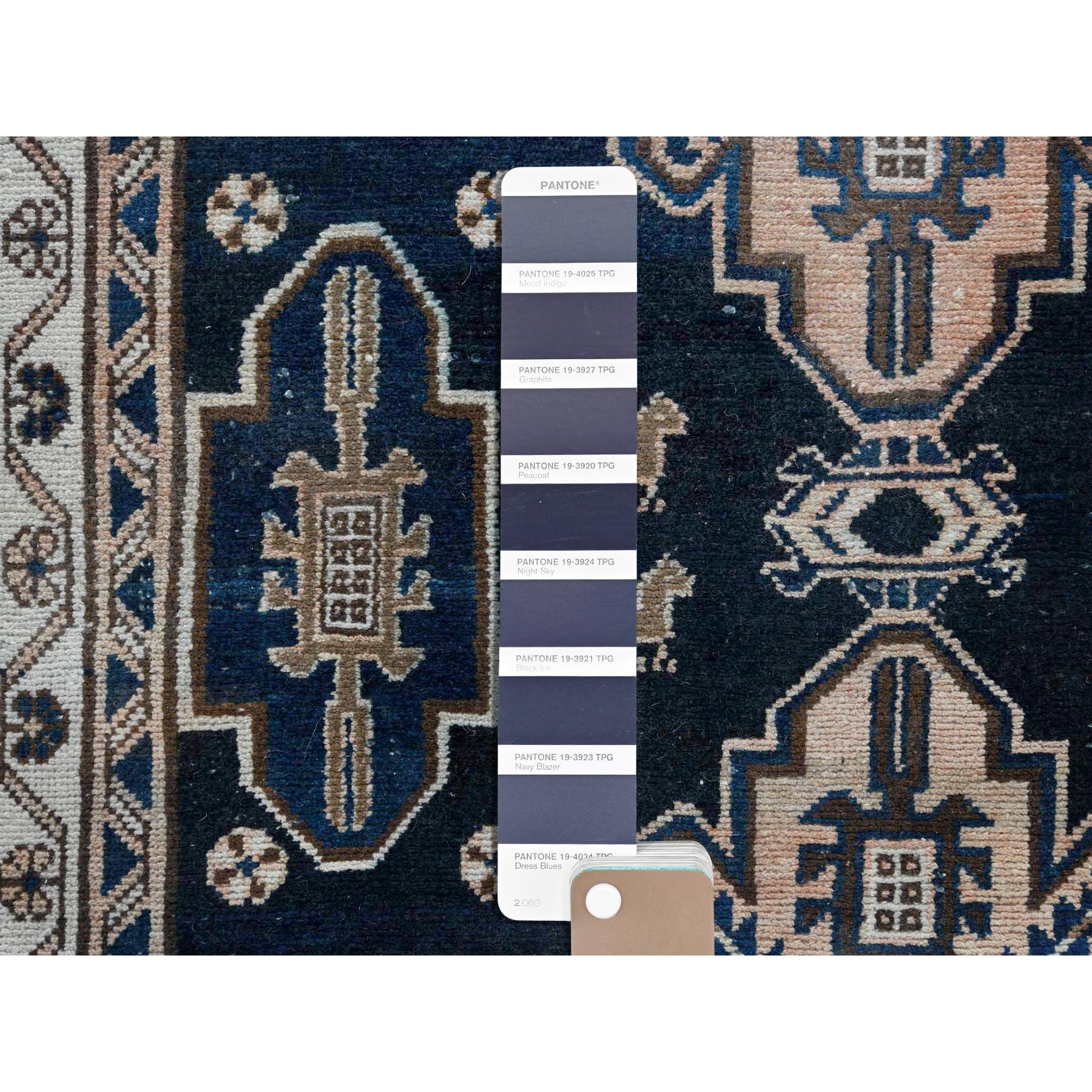 3'5"x9'7" Midnight Blue, Vintage Persian Malayer with Small Bird Figurines, Abrash, Distressed, Sheared Low Hand Woven Pure Wool Wide Runner Oriental Rug 