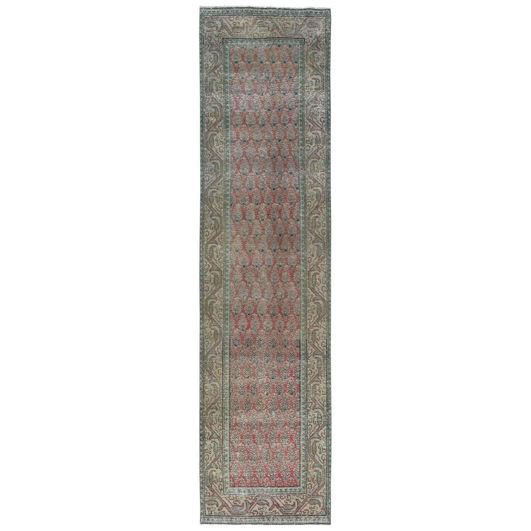 3'1"x12'4" Faded Red, Worn Down Vintage Persian Tabriz with Small Tree Repetitive Design, Hand Woven, Distressed Pure Wool Runner Oriental Rug 