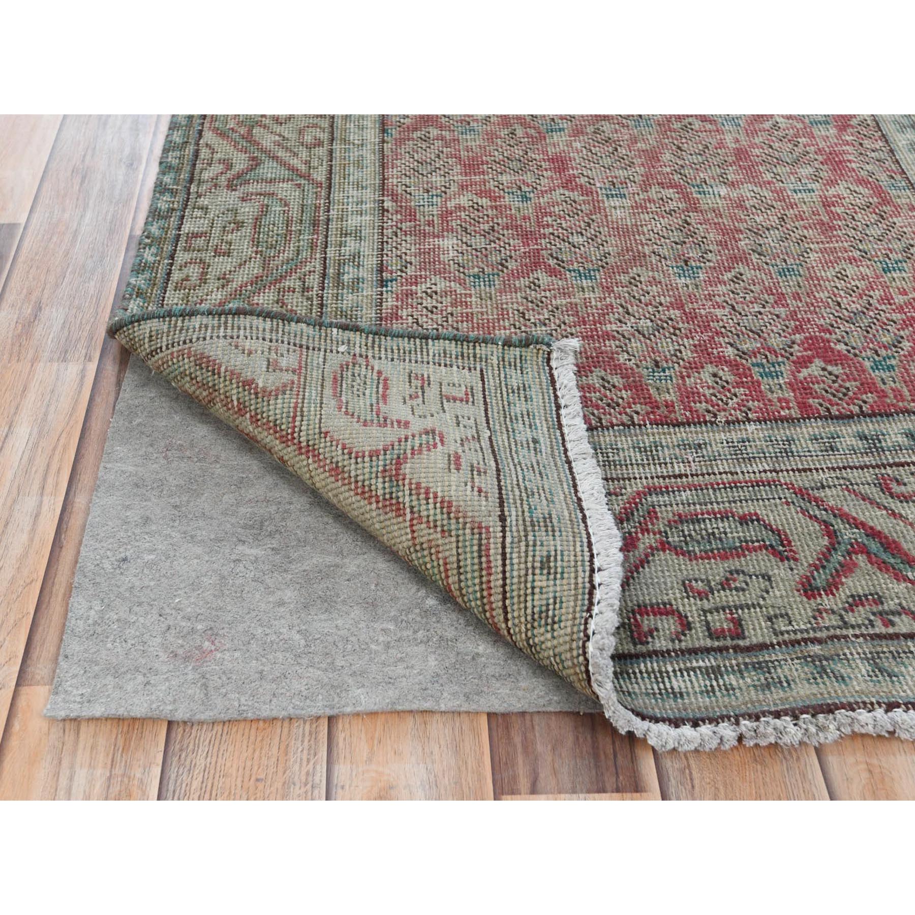 3'1"x12'4" Faded Red, Worn Down Vintage Persian Tabriz with Small Tree Repetitive Design, Hand Woven, Distressed Pure Wool Runner Oriental Rug 