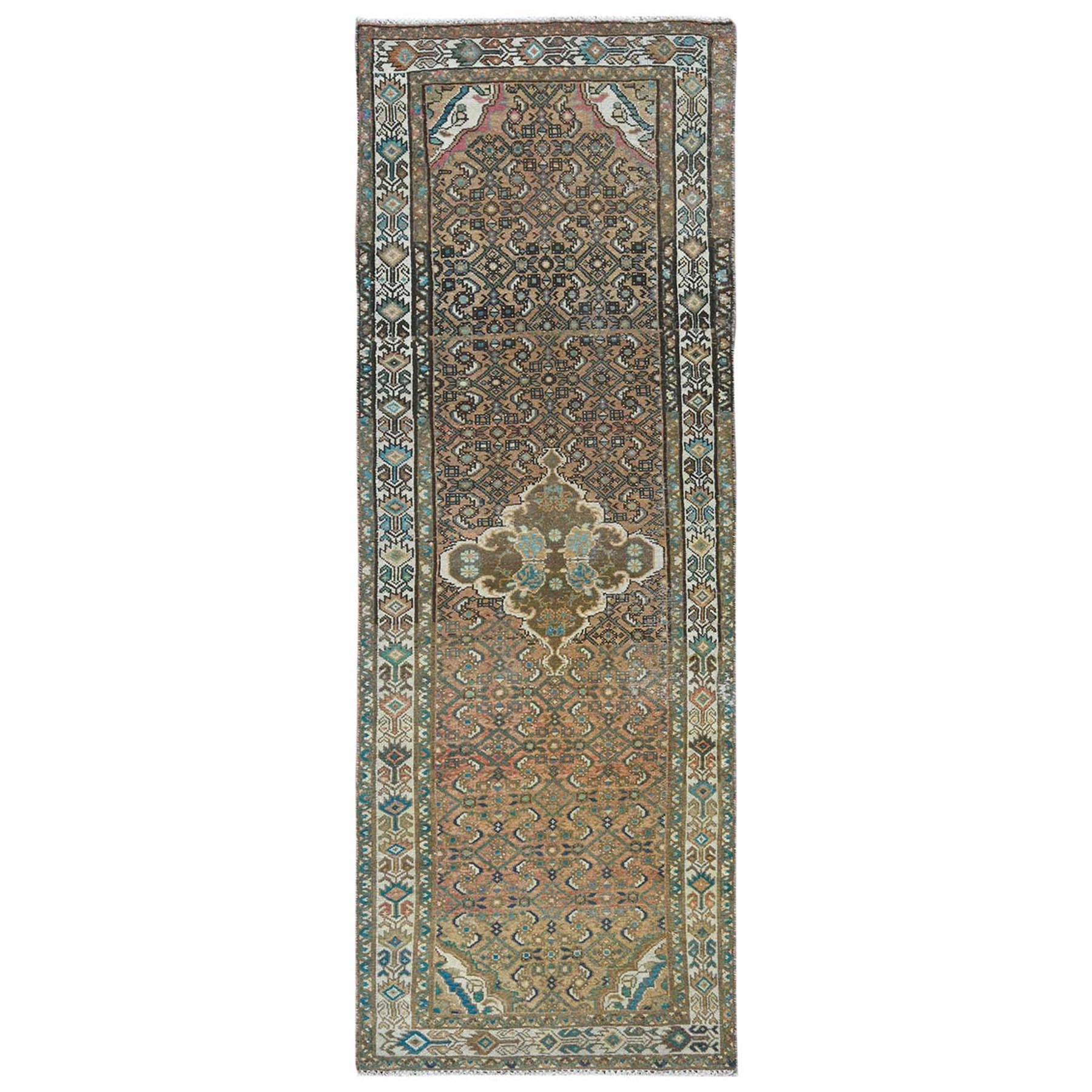 3'3"x9'2" Mocha Brown, Vintage Persian Hamadan with Fish Mahi Design, Abrash, Distressed, Cropped Thin, Hand Woven Pure Wool Wide Runner Oriental Rug 