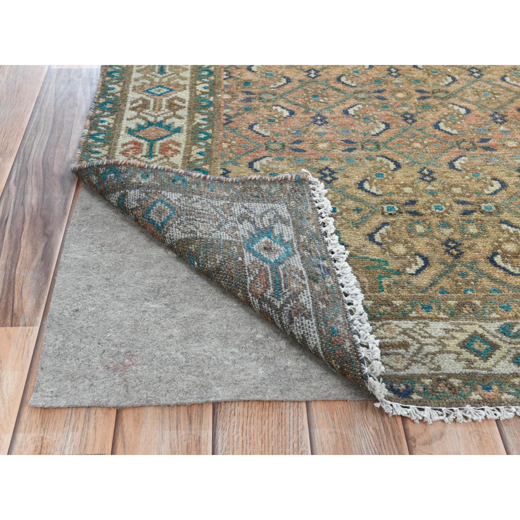 3'3"x9'2" Mocha Brown, Vintage Persian Hamadan with Fish Mahi Design, Abrash, Distressed, Cropped Thin, Hand Woven Pure Wool Wide Runner Oriental Rug 