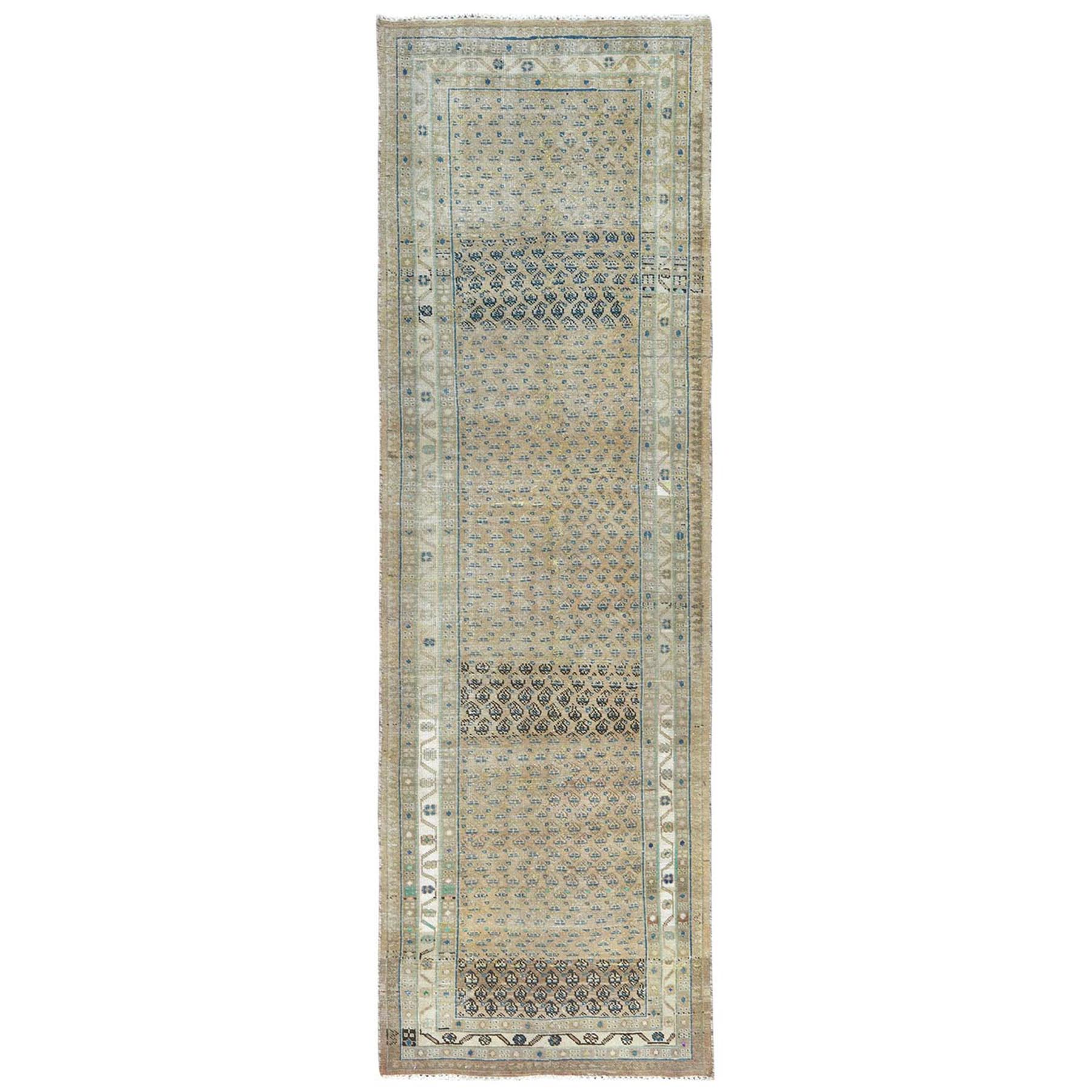 3'8"x11'10" Light Brown, Hand Woven Vintage Persian Serab Repetitive Boteh Design with Multiple Borders, Abrash, Worn Down, Distressed, Pure Wool Wide Runner Oriental Rug 