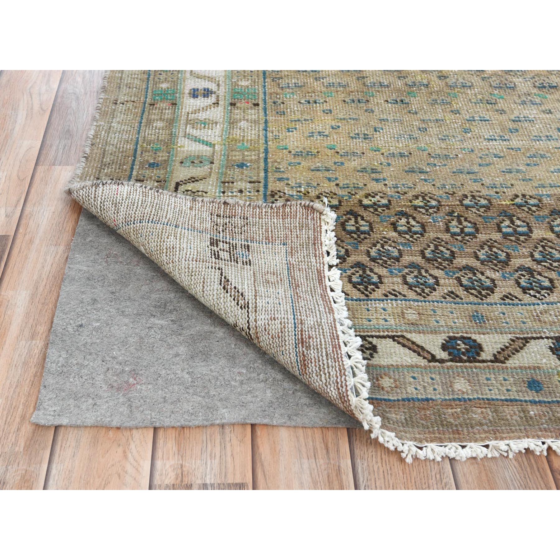 3'8"x11'10" Light Brown, Hand Woven Vintage Persian Serab Repetitive Boteh Design with Multiple Borders, Abrash, Worn Down, Distressed, Pure Wool Wide Runner Oriental Rug 