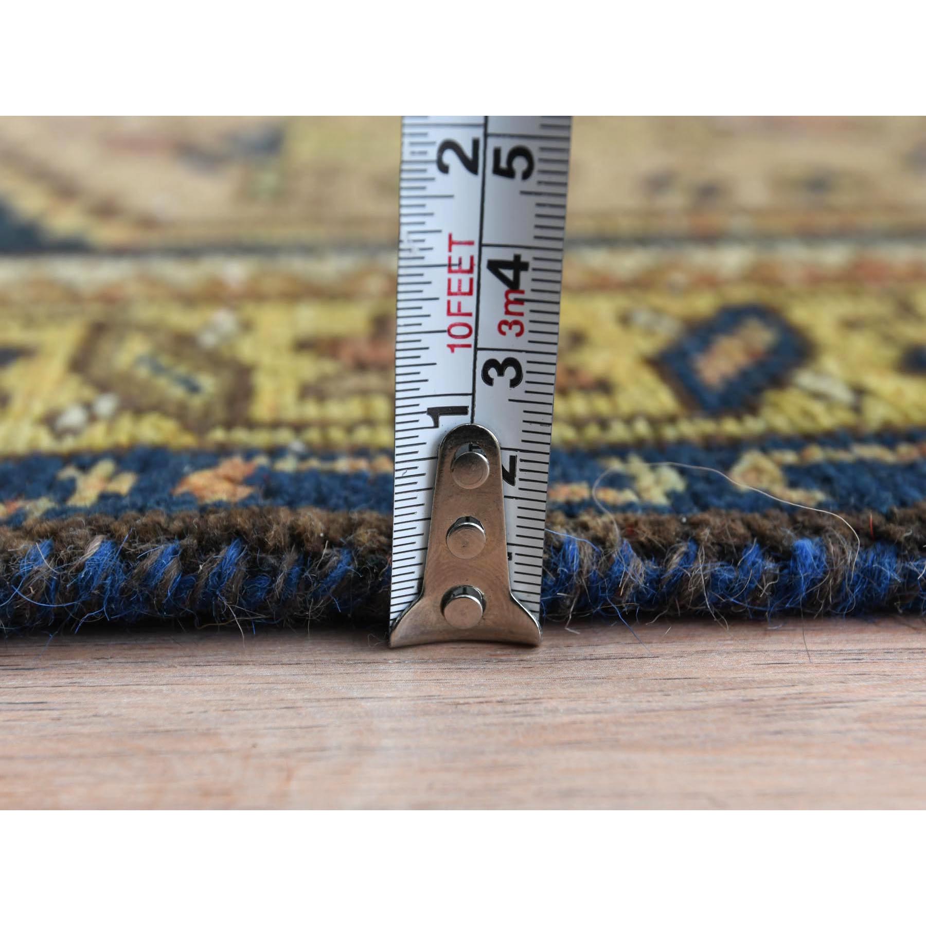 3'6"x10'8" Midnight Blue Pure Wool Vintage Persian Malayer with Serrated Geometric Medallions, Hand Woven, Sheared Low, Distressed Wide Runner Oriental Rug 