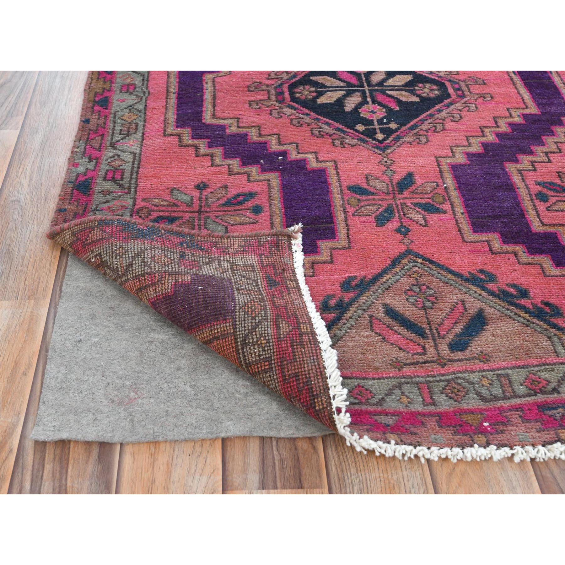 3'x9'3" Pink with Shades of Purple, Vintage Persian Hamadan, Distressed, Worn Down, Hand Woven Pure Wool Wide Runner Oriental Rug 