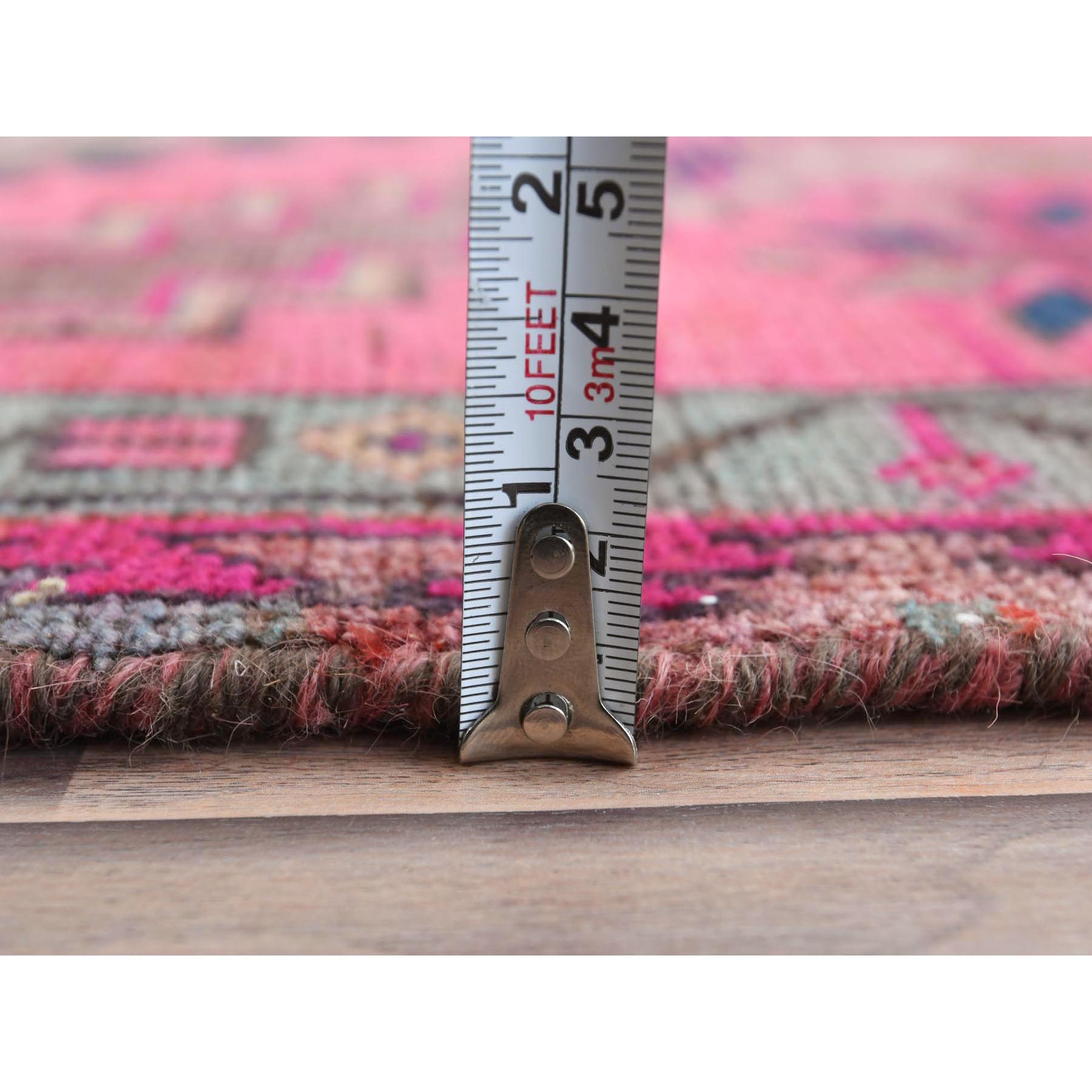 3'x9'3" Pink with Shades of Purple, Vintage Persian Hamadan, Distressed, Worn Down, Hand Woven Pure Wool Wide Runner Oriental Rug 