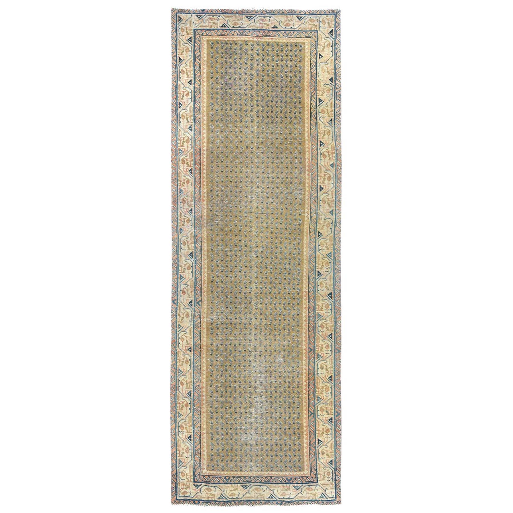 3'3"x10'2" Light Green, Pure Wool, Vintage Persian Serab with Small Repetitive Boteh Design, Hand Woven, Worn Down, Distressed Wide Runner Oriental Rug 