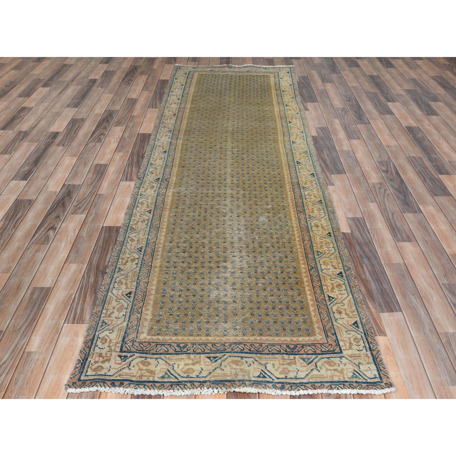 3'3"x10'2" Light Green, Pure Wool, Vintage Persian Serab with Small Repetitive Boteh Design, Hand Woven, Worn Down, Distressed Wide Runner Oriental Rug 