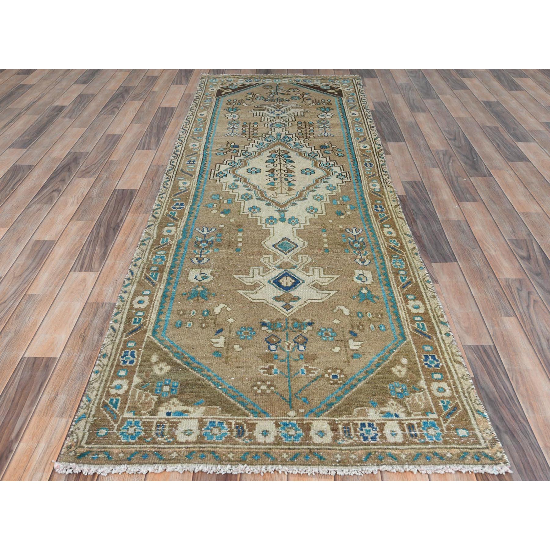 3'x9'4" Camel Hair Vintage Persian Hamadan with Unique Open Field Design, Sheared Low, Hand Woven Pure Wool, Distressed Wide Runner Oriental Rug 