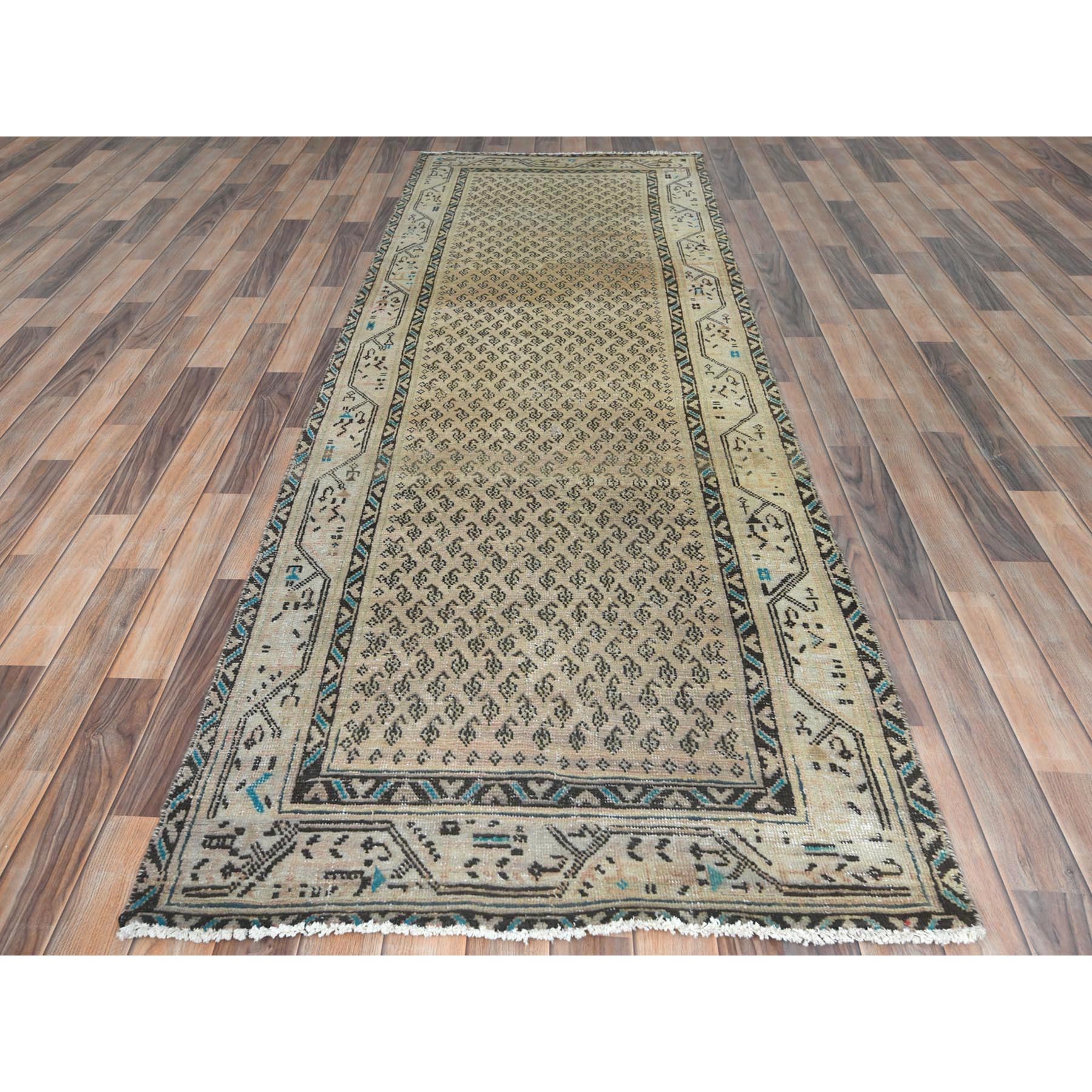 3'4"x10' Light Beige with Touches of Chocolate Brown, Small Repetitive Boteh Design Vintage Persian Serab, Abrash, Hand Woven, Cropped Thin, Distressed, Pure Wool Wide Runner Oriental Rug 