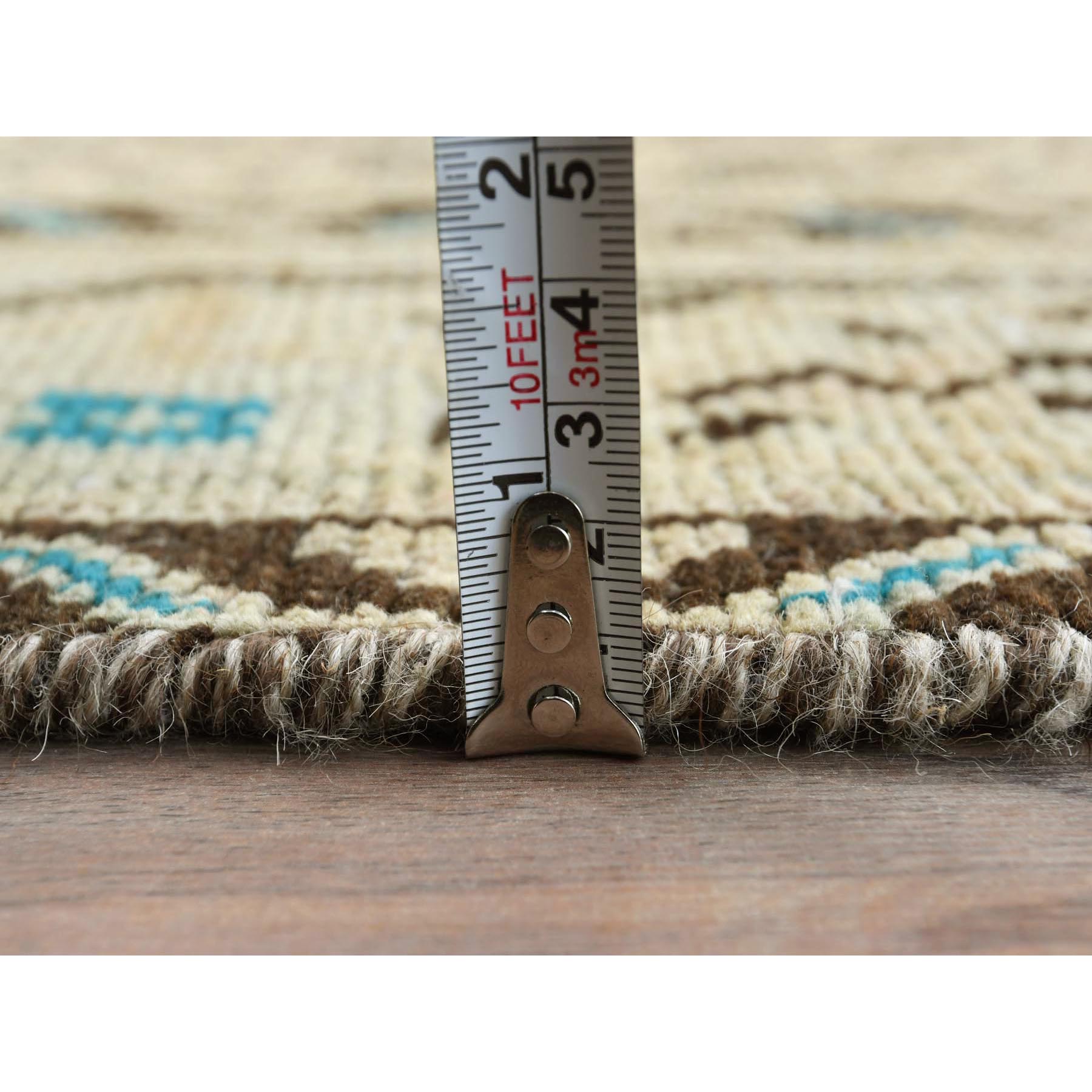 3'4"x10' Light Beige with Touches of Chocolate Brown, Small Repetitive Boteh Design Vintage Persian Serab, Abrash, Hand Woven, Cropped Thin, Distressed, Pure Wool Wide Runner Oriental Rug 