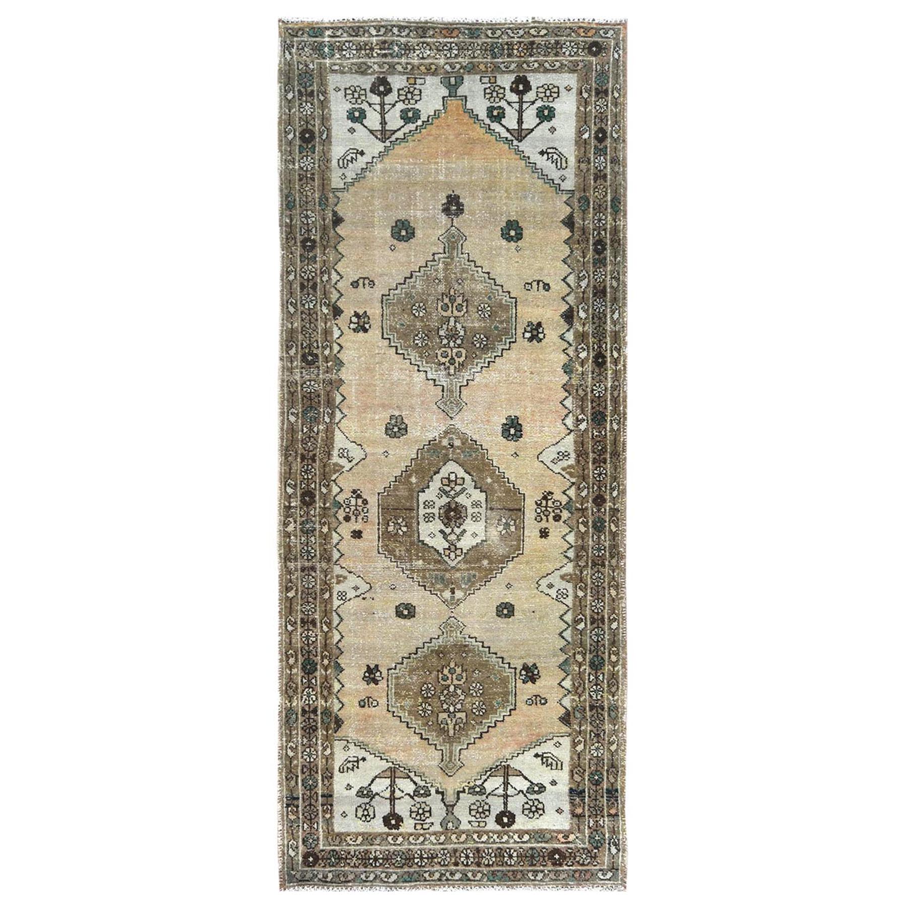 3'7"x9'3" Sand Color Vintage Persian Bakhtiar with Open Field and Large Medallions Design, Hand Woven, Worn Down, Distressed Look, Pure Wool Wide Runner Oriental Rug 