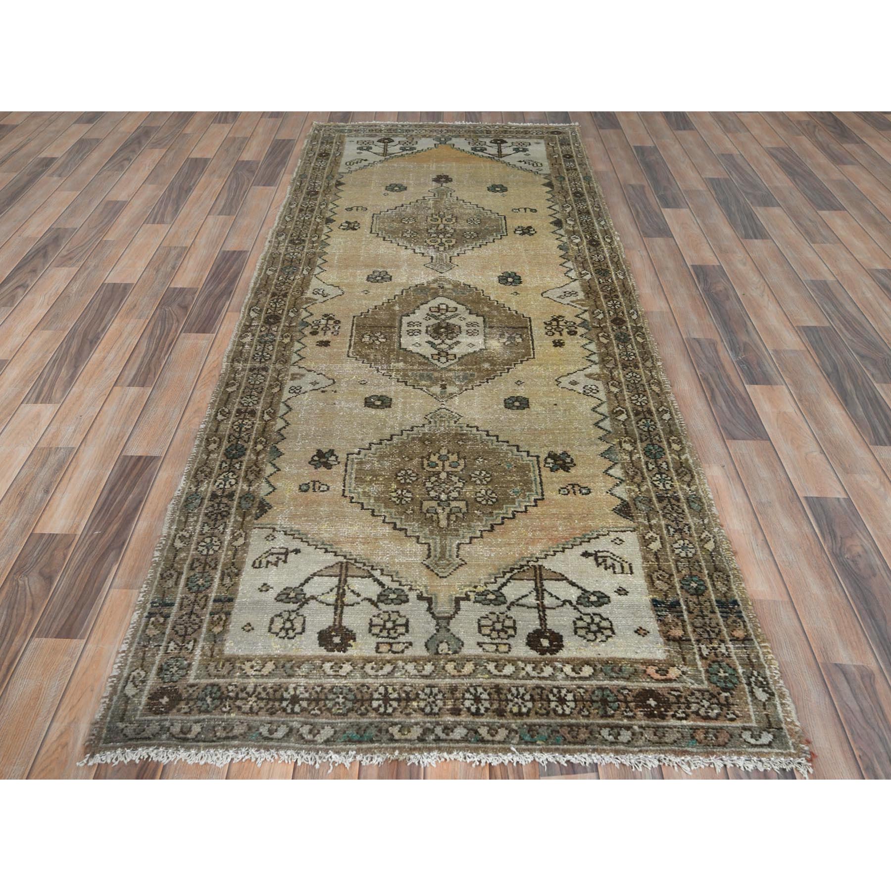 3'7"x9'3" Sand Color Vintage Persian Bakhtiar with Open Field and Large Medallions Design, Hand Woven, Worn Down, Distressed Look, Pure Wool Wide Runner Oriental Rug 