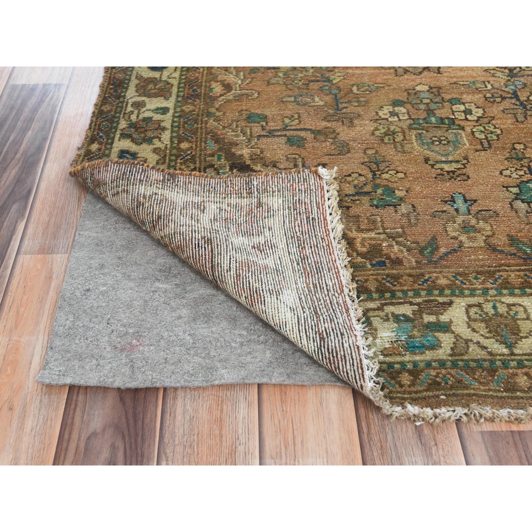 3'3"x9'8" Honey Brown with Touches of Green, Vintage Persian Hamadan, Hand Woven, Pure Wool, Distressed Look, Worn Down Wide Runner Oriental Rug 