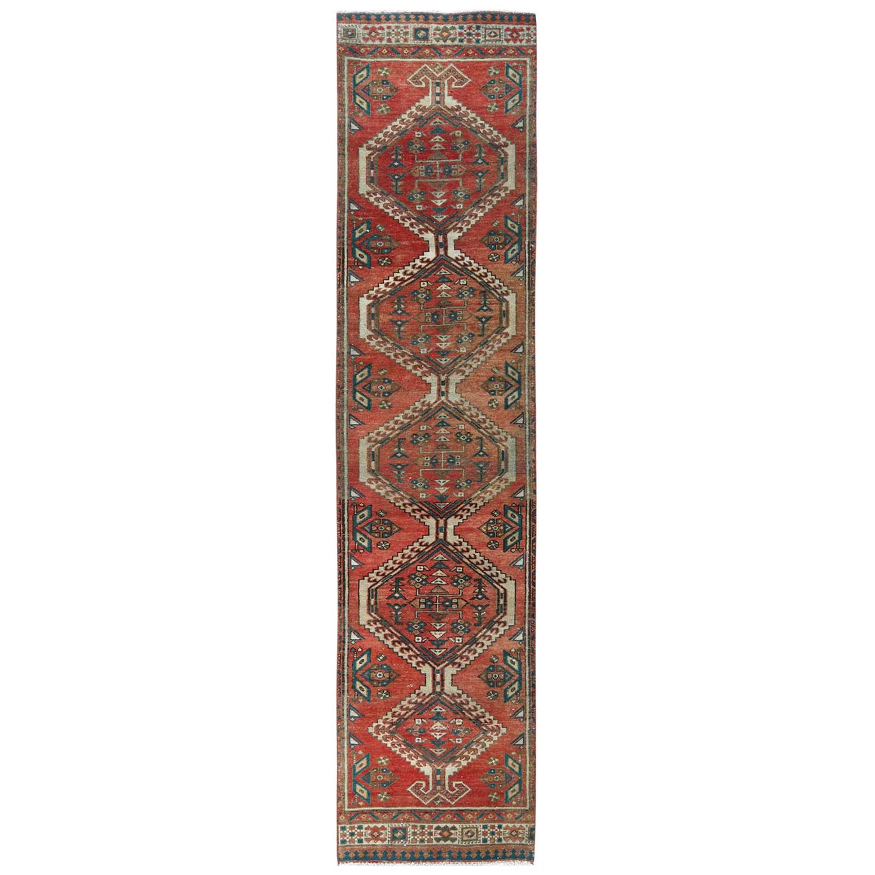 2'1"x10'1" Tomato Red, Hand Woven, Vintage Persian Hamadan with Geometric Design, Pure Wool, Distressed Look, Sheared Low Narrow Runner Oriental Rug 