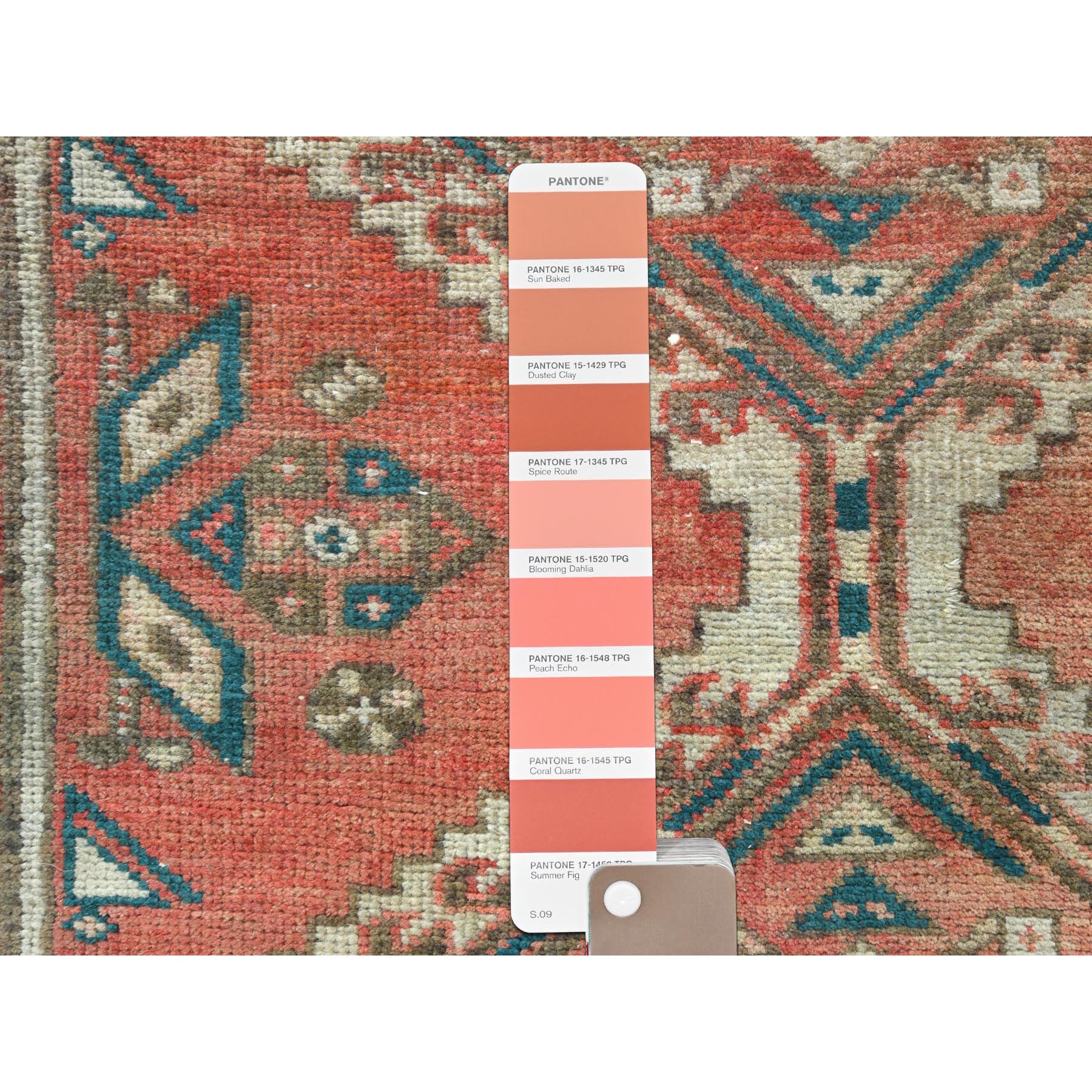 2'1"x10'1" Tomato Red, Hand Woven, Vintage Persian Hamadan with Geometric Design, Pure Wool, Distressed Look, Sheared Low Narrow Runner Oriental Rug 