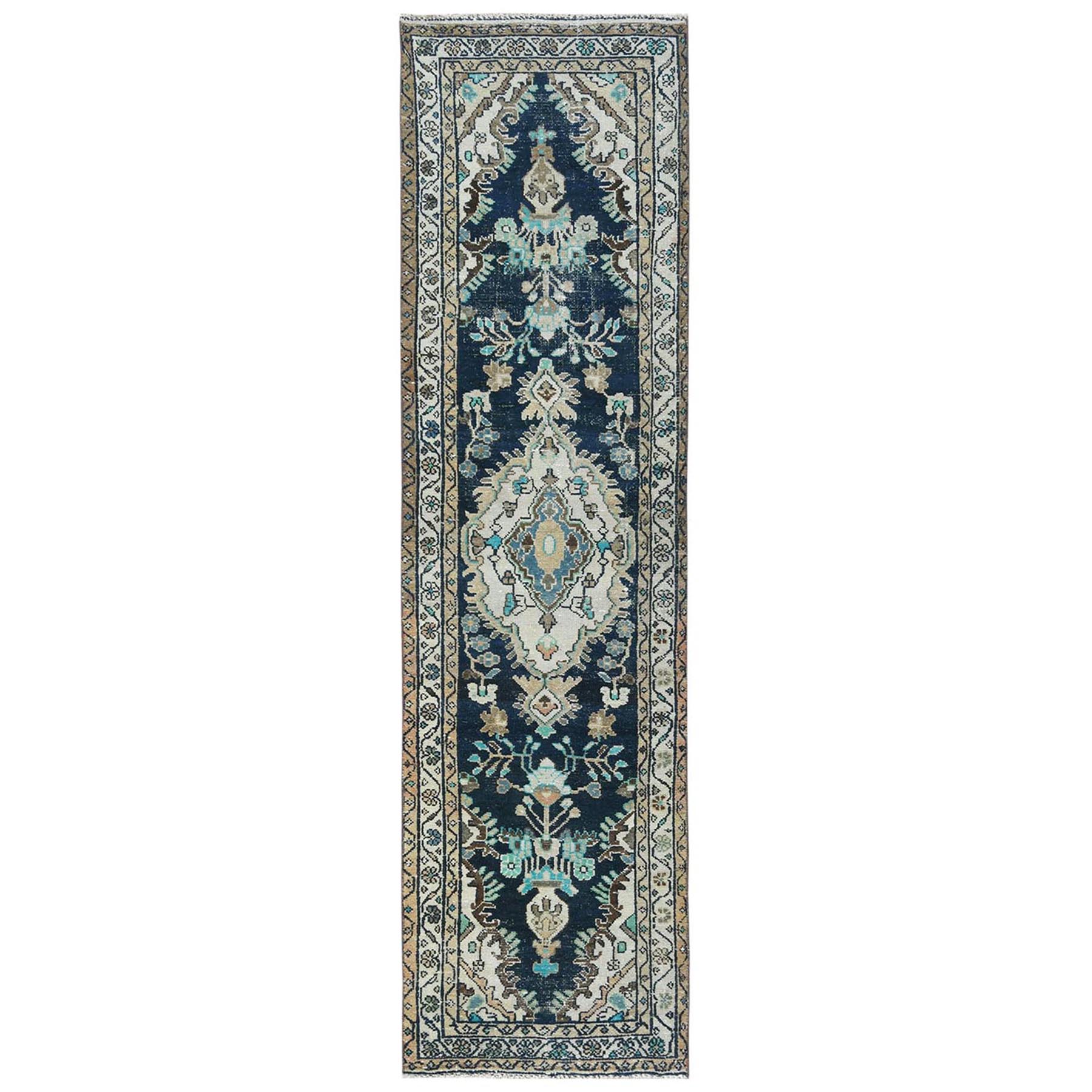 2'6"x9'9" Midnight Blue, Vintage Persian Hamadan with Large Medallion Design, Hand Woven, Distressed Look, Sheared Low, Pure Wool Runner Oriental Rug 