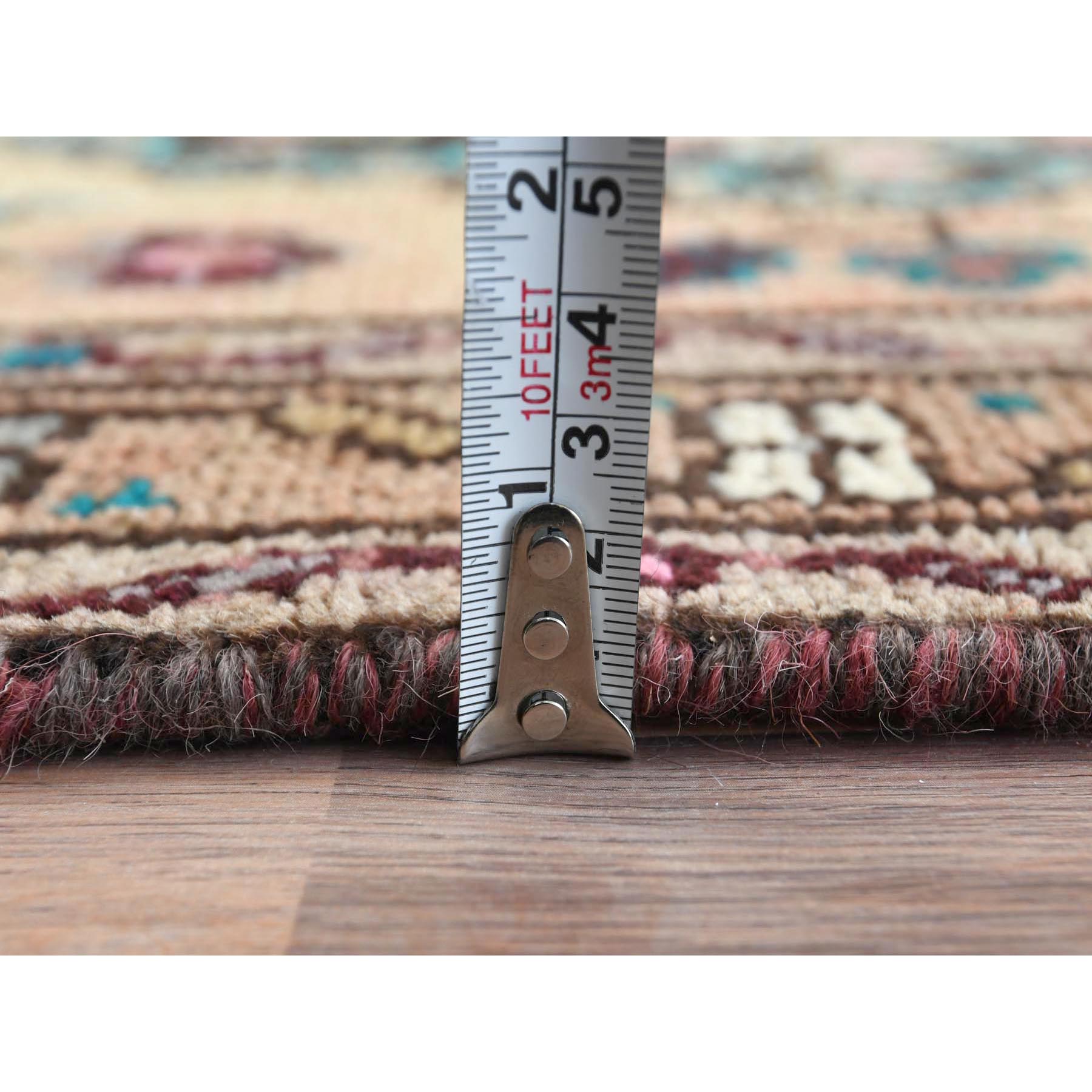 2'1"x8'9" Apricot Color Shades Vintage Persian Bibikabad with All Over Design, Hand Woven, Pure Wool, Distressed Look, Cropped Thin Narrow Runner Oriental Rug 
