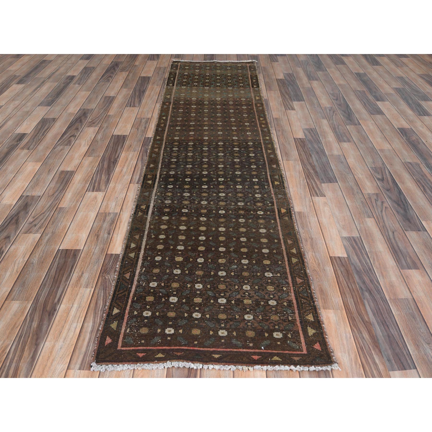 2'4"x9'2" Chocolate Brown, Abrash, Vintage Persian Hamadan with All Over Repetitive Design, Hand Woven, Pure Wool, Worn Down, Distressed Look Narrow Runner Oriental Rug 