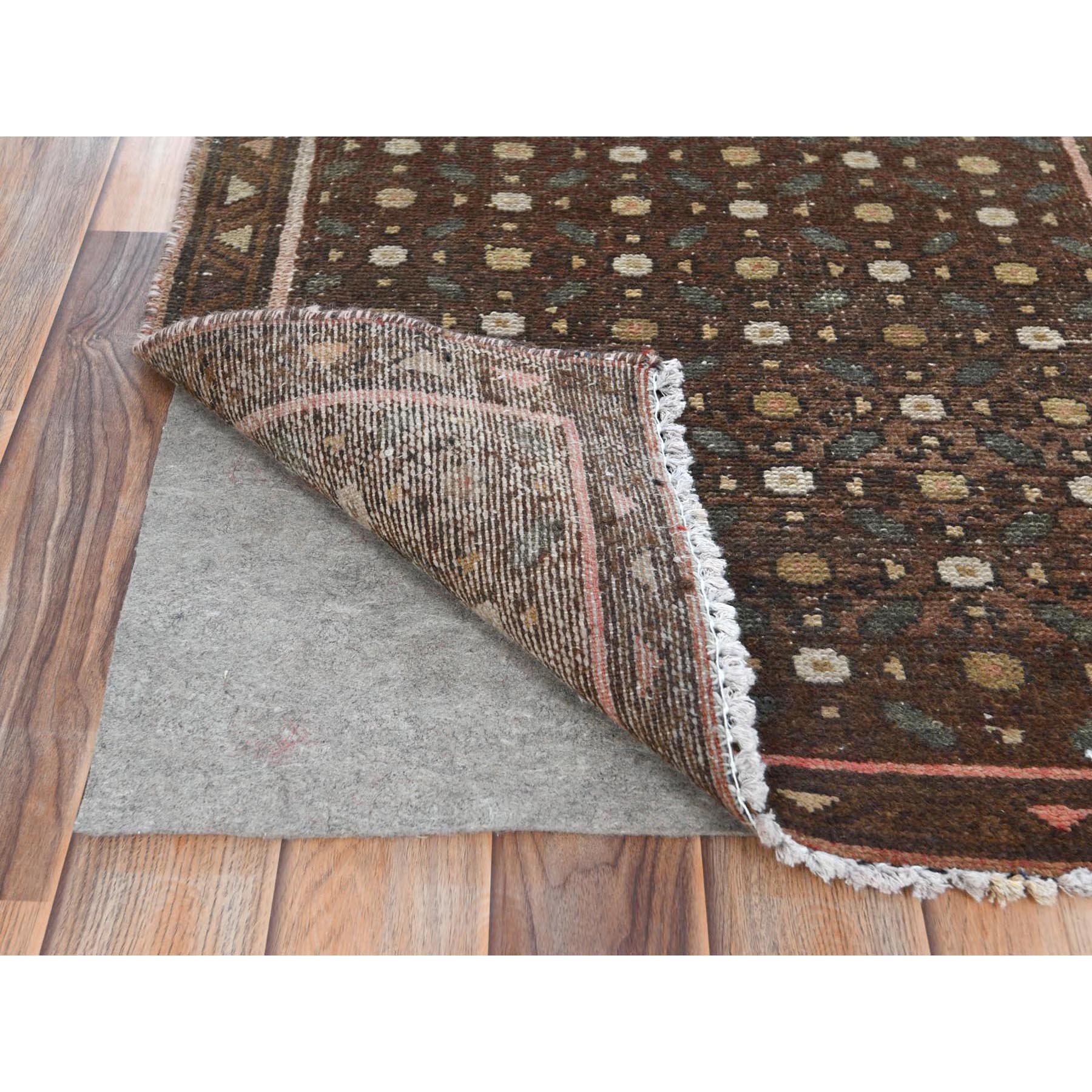 2'4"x9'2" Chocolate Brown, Abrash, Vintage Persian Hamadan with All Over Repetitive Design, Hand Woven, Pure Wool, Worn Down, Distressed Look Narrow Runner Oriental Rug 