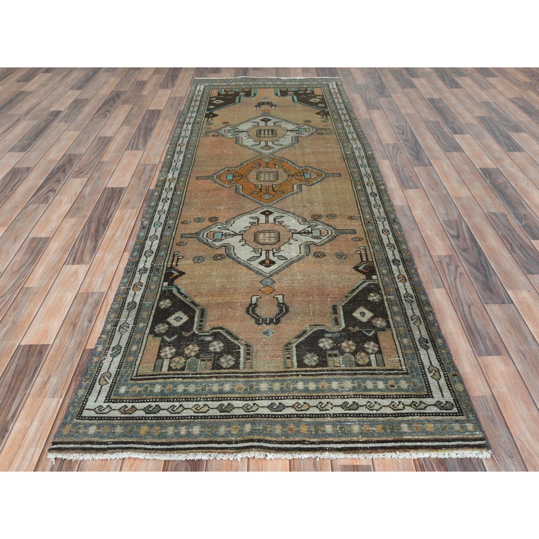 3'4"x9'7" Light Brown Pure Wool Vintage Persian Hamadan with Open Field and Large Element Medallion Design, Hand Woven, Distressed Look, Cropped Thin Wide Runner Oriental Rug 