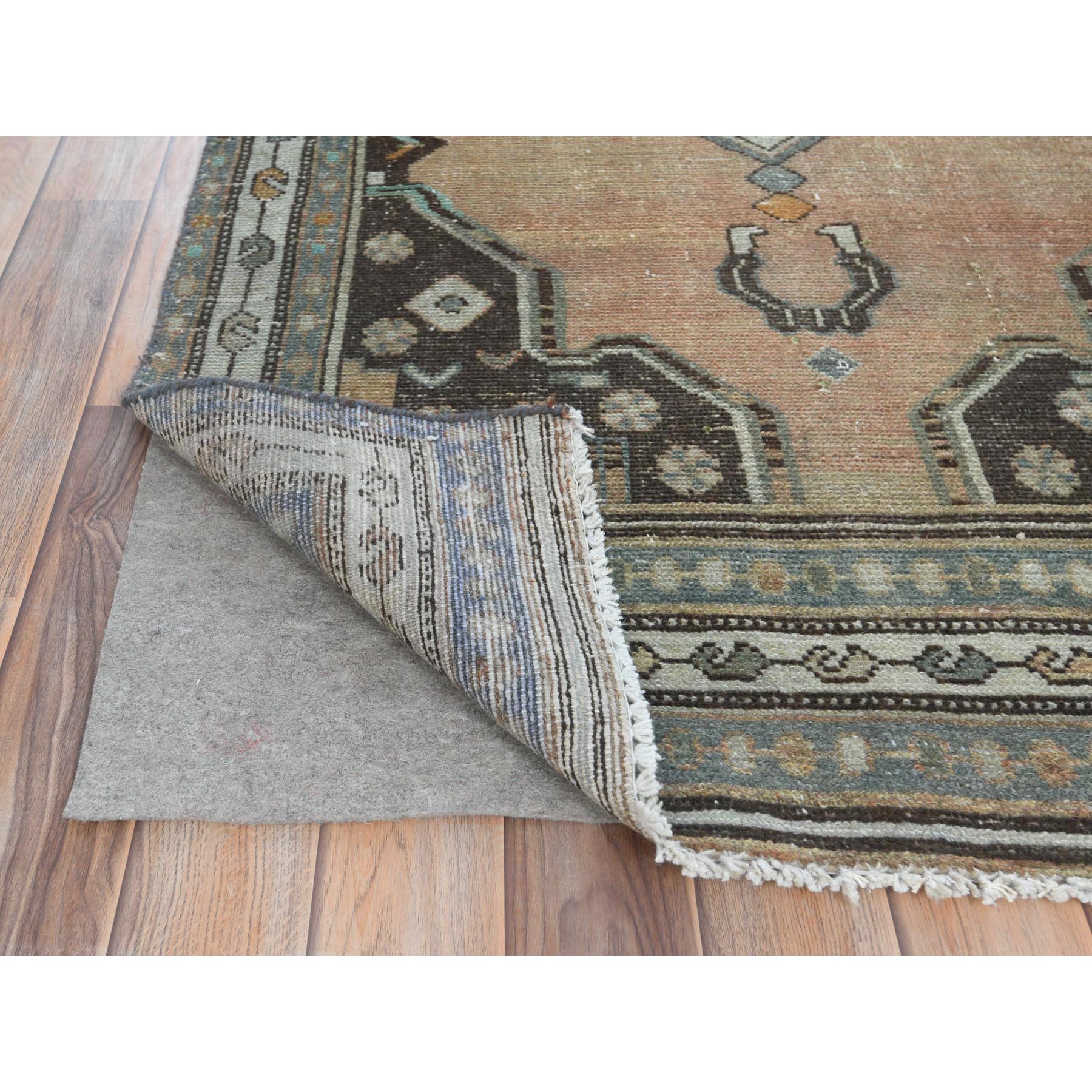 3'4"x9'7" Light Brown Pure Wool Vintage Persian Hamadan with Open Field and Large Element Medallion Design, Hand Woven, Distressed Look, Cropped Thin Wide Runner Oriental Rug 