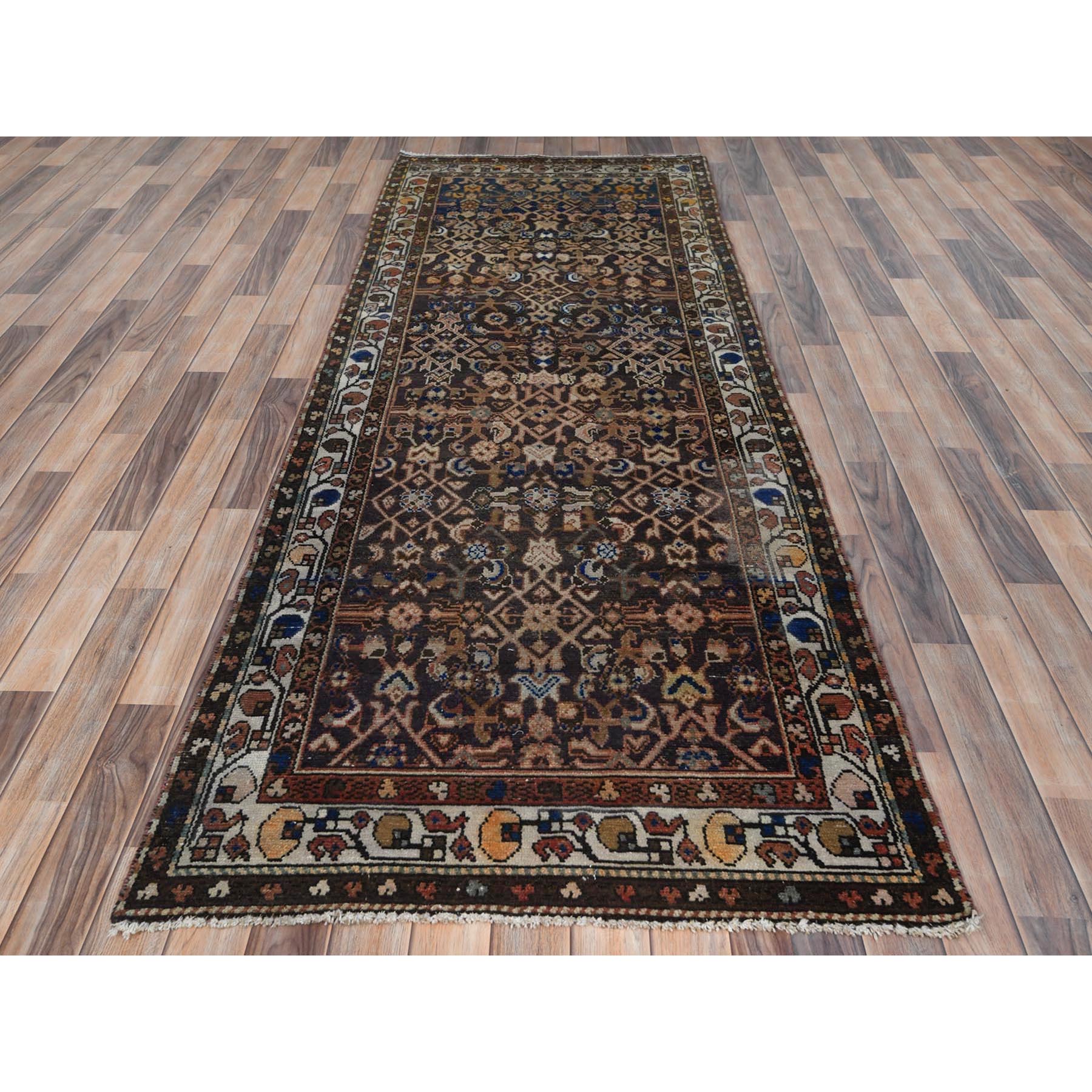 3'5"x9'2" Chocolate Brown Vintage Persian Hamadan with Fish Mahi All Over Design, Abrash, Hand Woven Pure Wool, Distressed Look, Worn Down Wide Runner Oriental Rug 