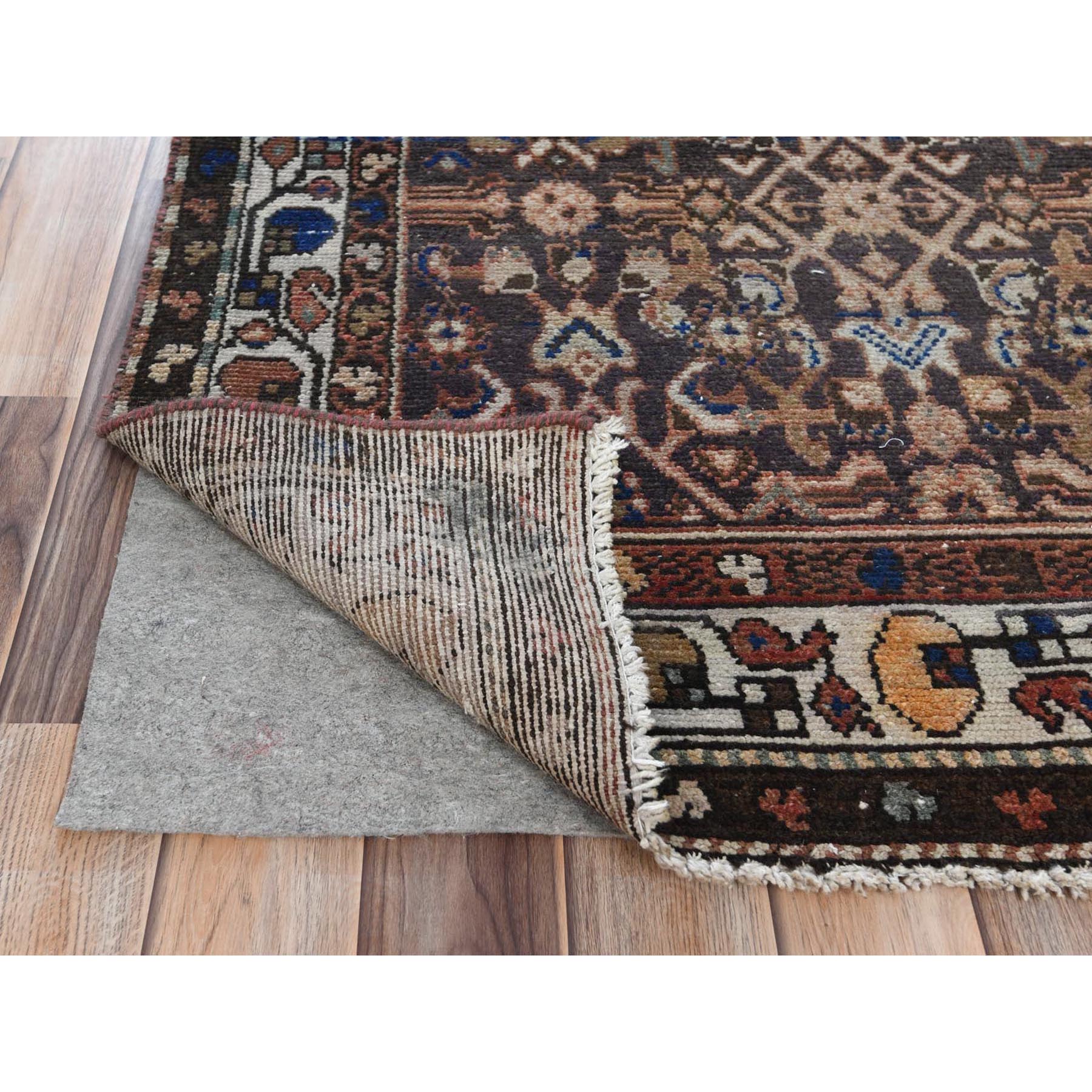 3'5"x9'2" Chocolate Brown Vintage Persian Hamadan with Fish Mahi All Over Design, Abrash, Hand Woven Pure Wool, Distressed Look, Worn Down Wide Runner Oriental Rug 