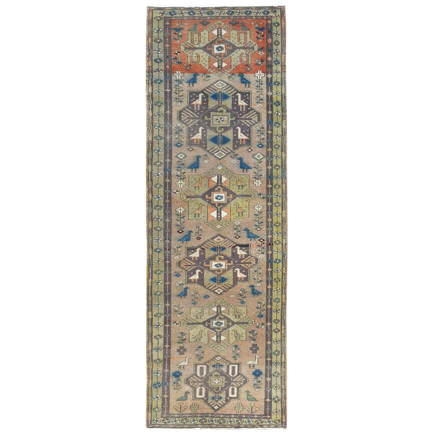 3'4"x10'3" Walnut Brown, Northwest Persian Wide Runner with Small Bird Figurines, Abrash, Hand Woven, Pure Wool, Sheared Low, Distressed Look Oriental Rug 