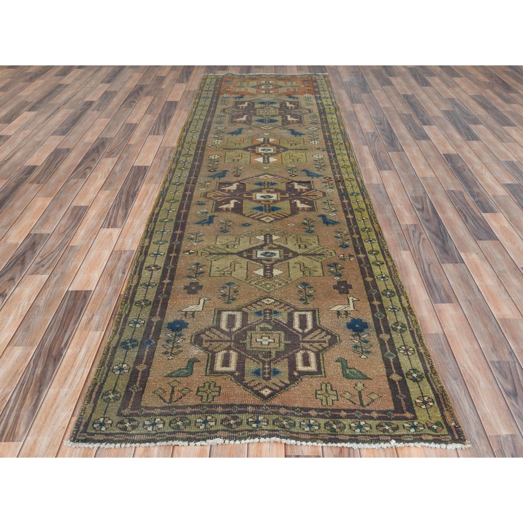 3'4"x10'3" Walnut Brown, Northwest Persian Wide Runner with Small Bird Figurines, Abrash, Hand Woven, Pure Wool, Sheared Low, Distressed Look Oriental Rug 