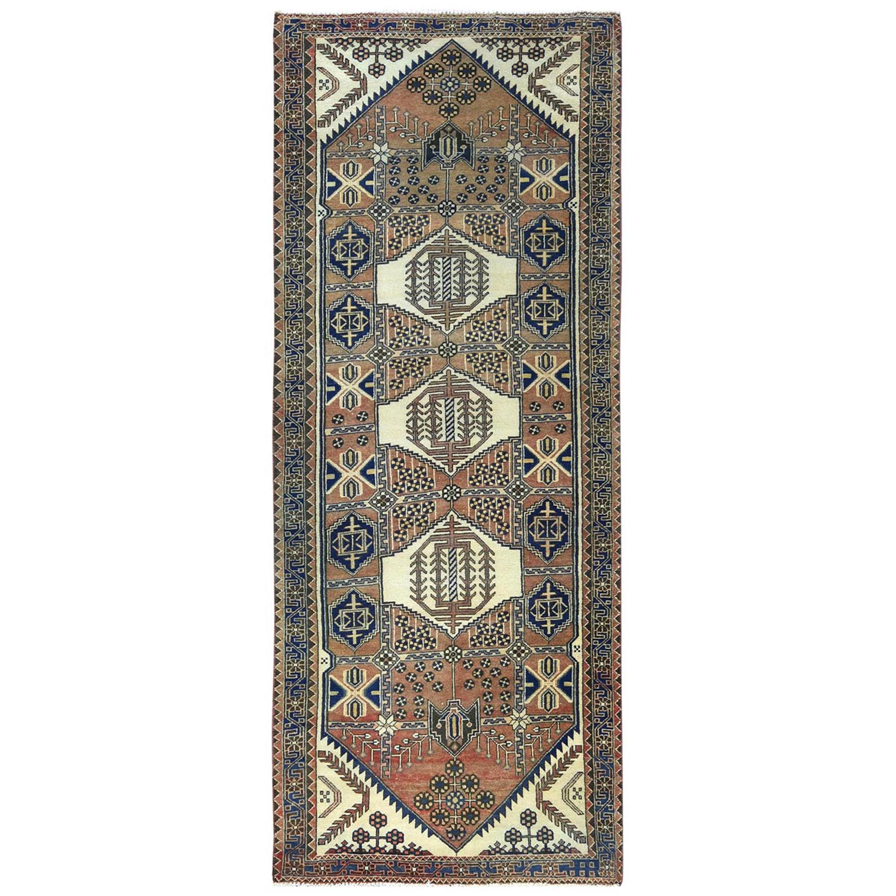 4'x10' Mocha Brown with a Mix of Red Vintage Persian Heriz, Hand Woven, Abrash, Distressed Look, Cropped Thin, Pure Wool Wide Runner Oriental Rug 