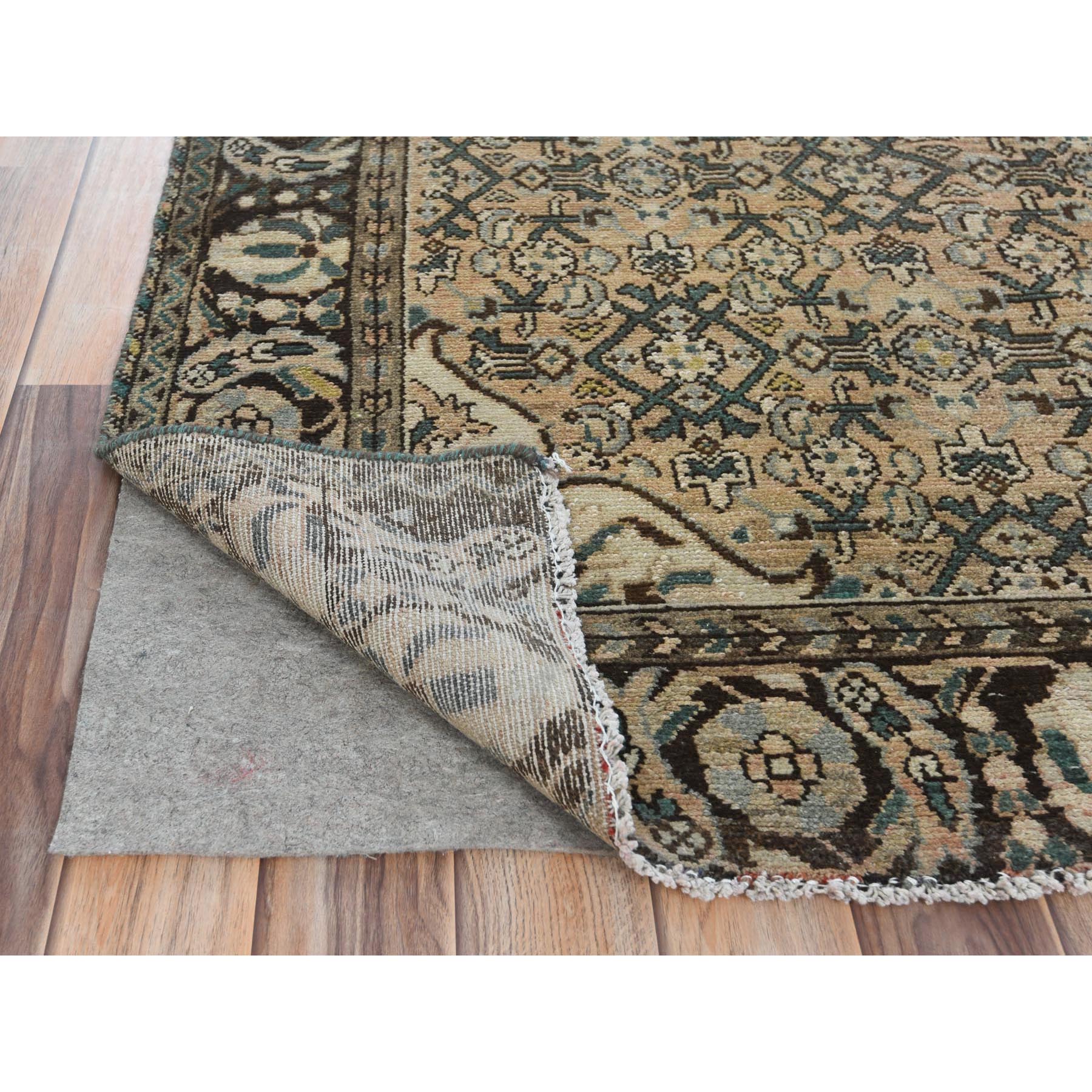 4'x9'9" Light Brown, Fish Mahi All Over Design Vintage Persian Hamadan with Abrash, Hand Woven, Worn Down, Distressed Look, Pure Wool Wide Runner Oriental Rug 