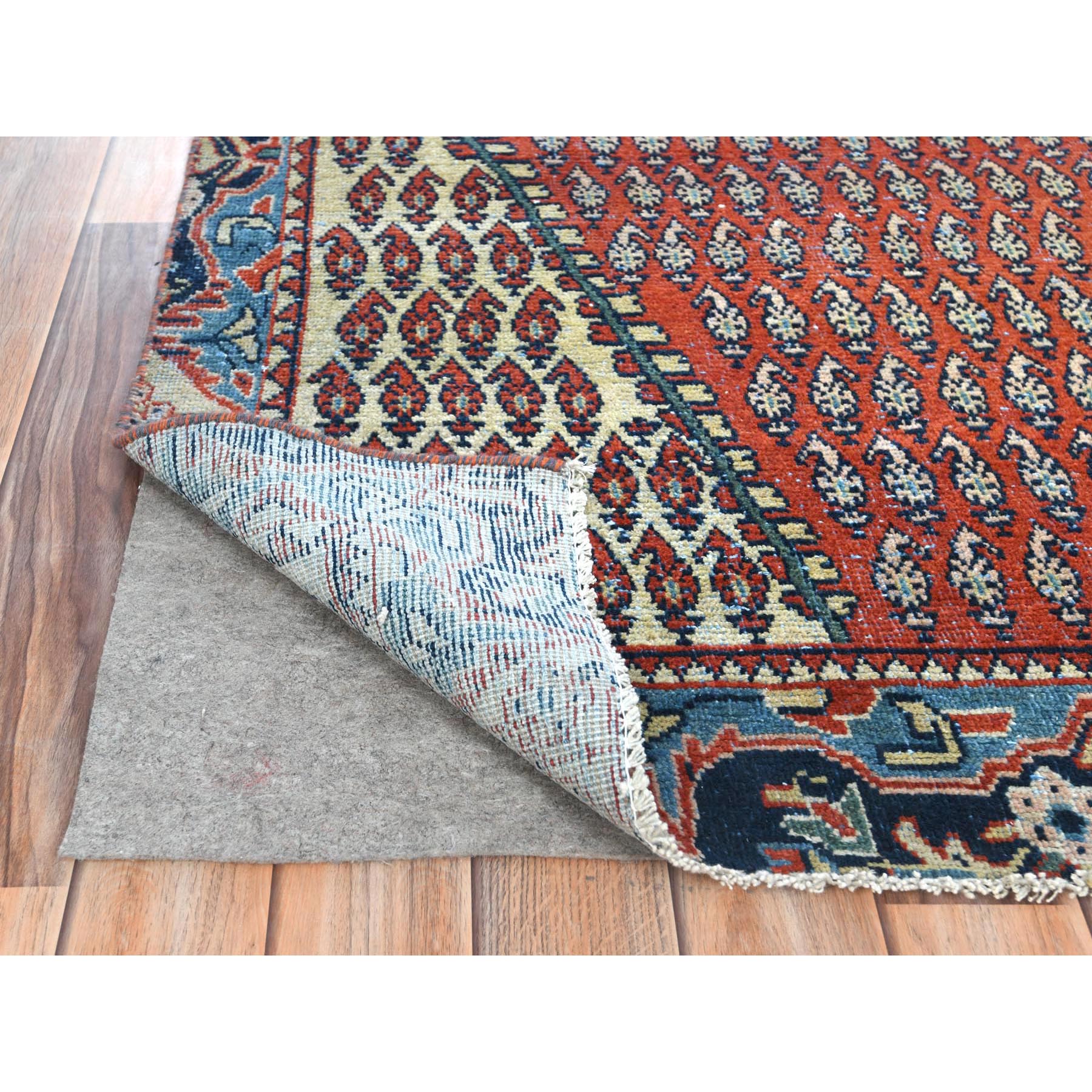3'7"x9'3" Tomato Red, Pure Wool, Vintage Persian Serab with Small Repetitive Boteh Design, Hand Woven, Worn Down, Distressed Look, Wide Runner Oriental Rug 