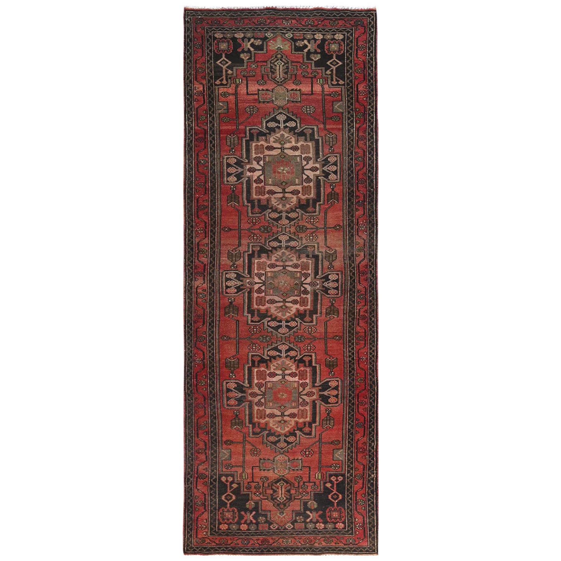 3'4"x10' Light Red with Touches of Chocolate Brown, Distressed Look Vintage Persian Hamadan, Hand Woven, Pure Wool, Worn Down, Wide Runner Oriental Rug 