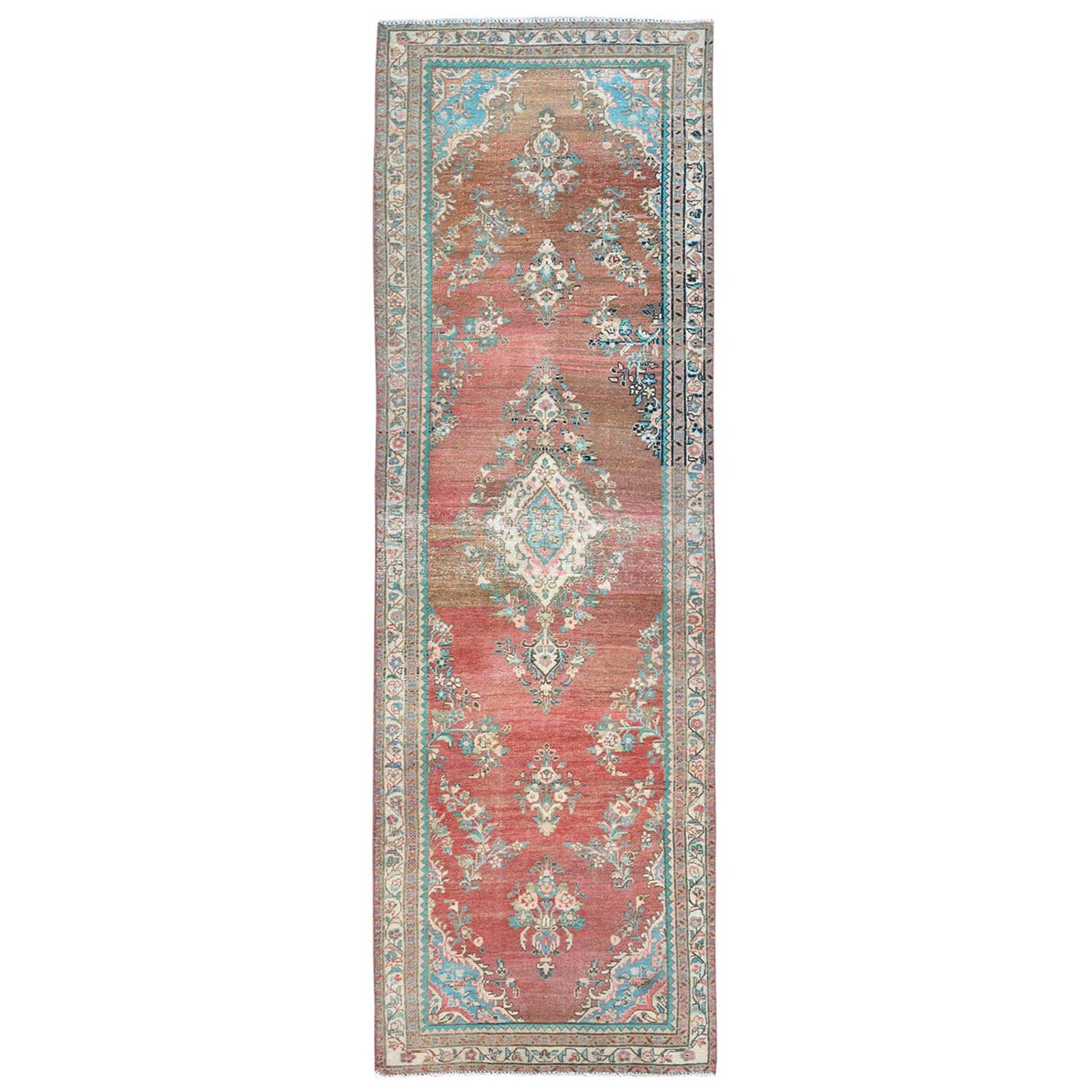 3'9"x12'3" Tomato Red with Sunset Colors, Hand Woven Vintage Persian Bibikabad, Abrash, Pure Wool, Cropped Thin, Distressed Look Wide Runner Oriental Rug 