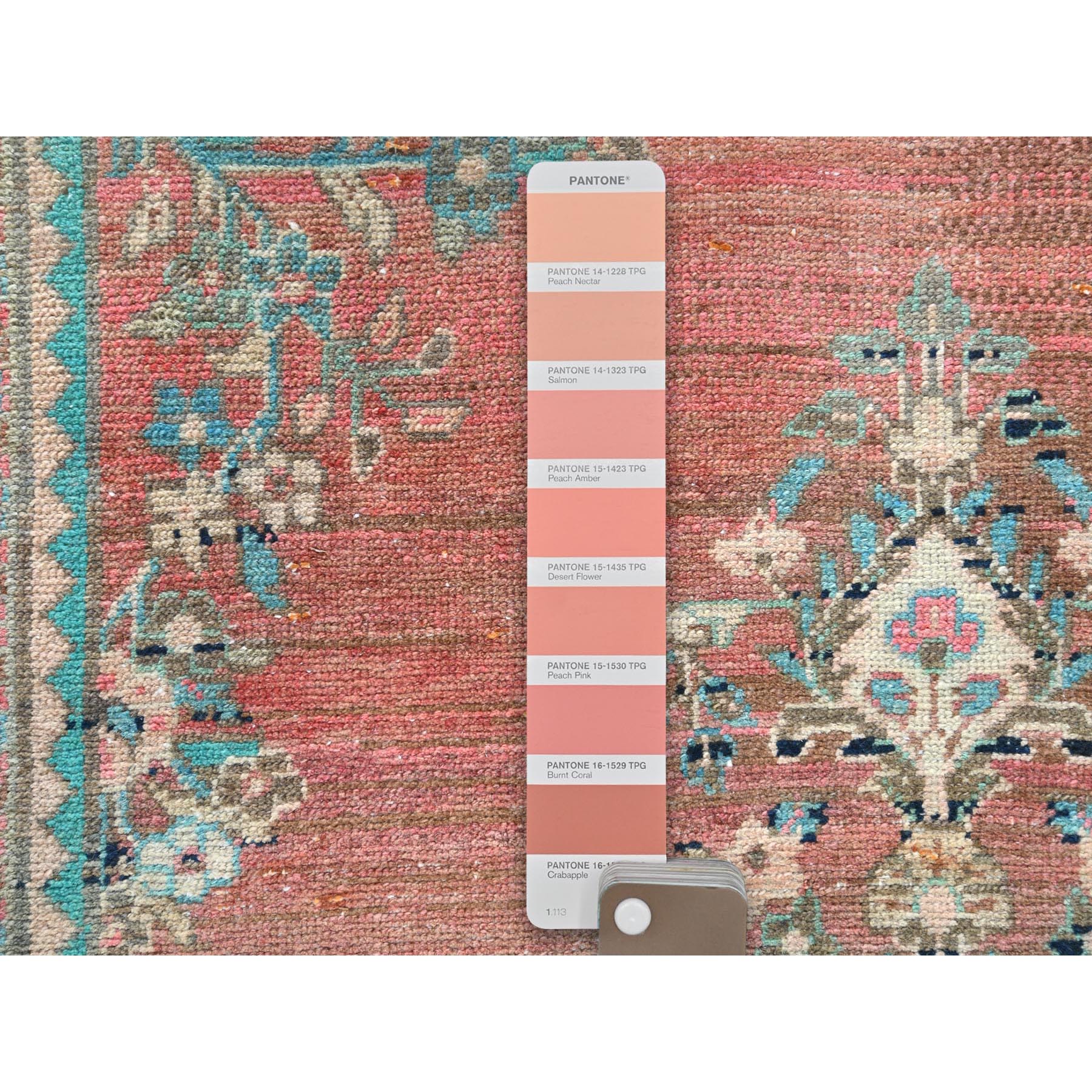 3'9"x12'3" Tomato Red with Sunset Colors, Hand Woven Vintage Persian Bibikabad, Abrash, Pure Wool, Cropped Thin, Distressed Look Wide Runner Oriental Rug 