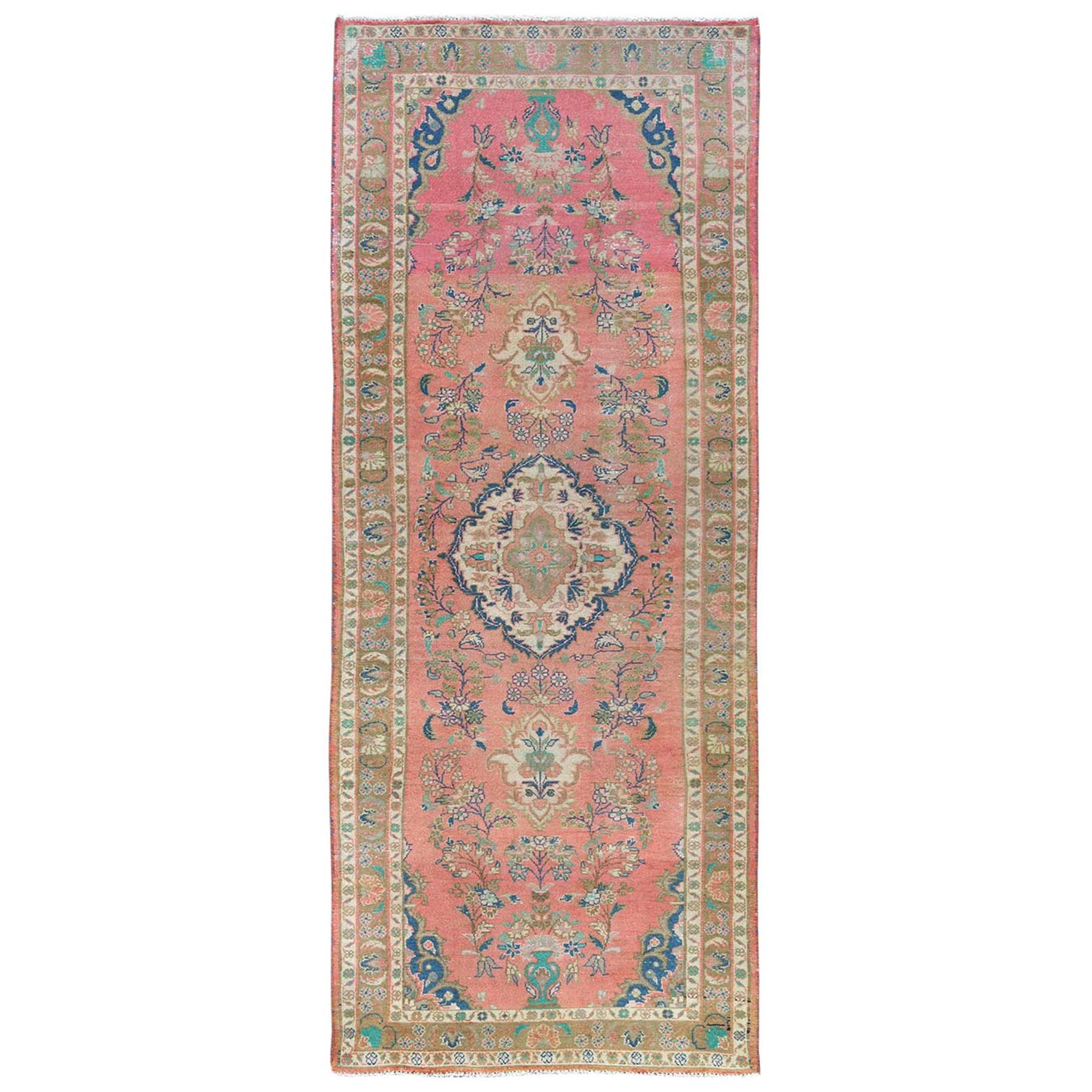 3'3"x10' Coral and Pink Colors Vintage Persian Bibikabad with Flower Vase Design, Abrash, Worn Down, Hand Woven Pure Wool, Distressed Look Wide Runner Oriental Rug 