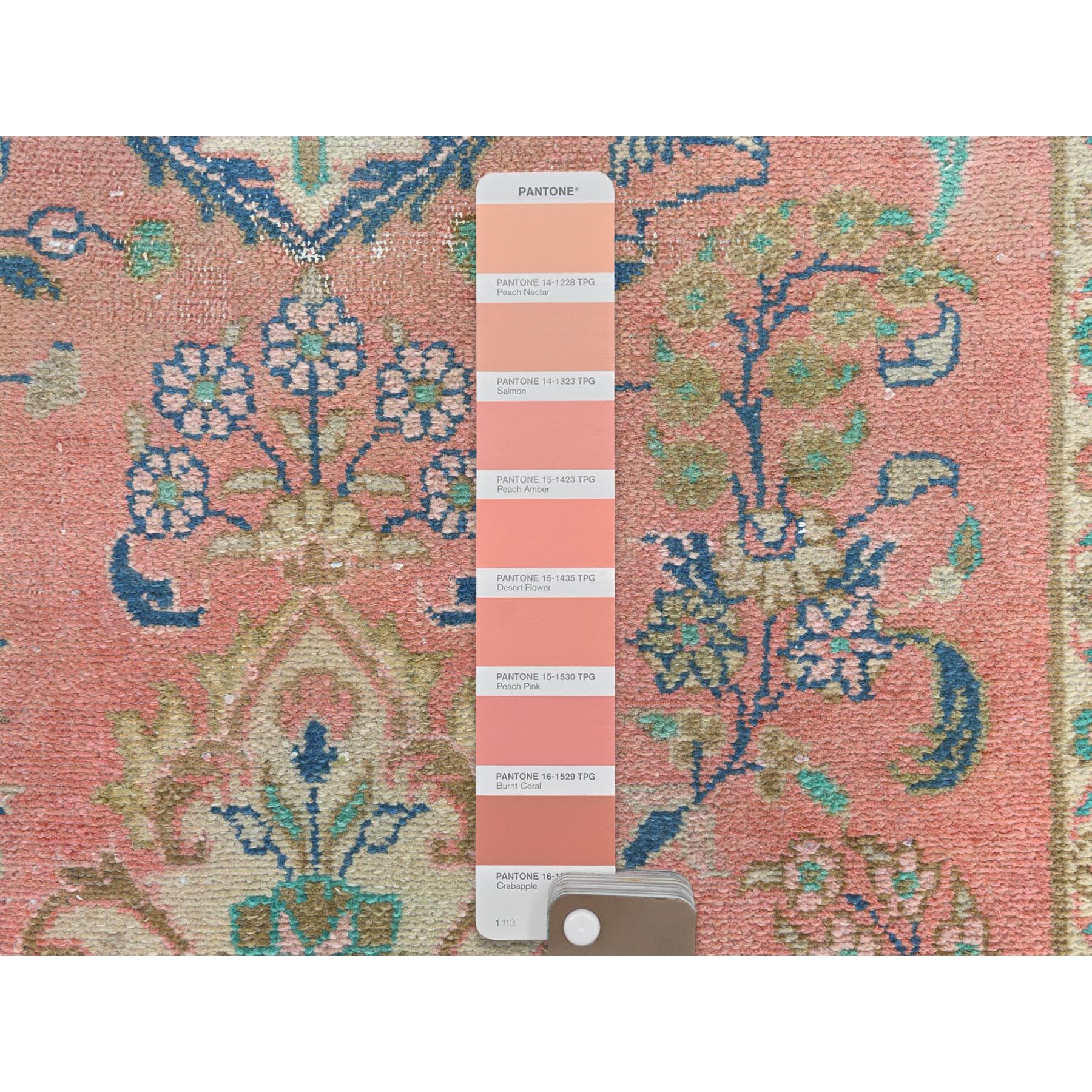 3'3"x10' Coral and Pink Colors Vintage Persian Bibikabad with Flower Vase Design, Abrash, Worn Down, Hand Woven Pure Wool, Distressed Look Wide Runner Oriental Rug 