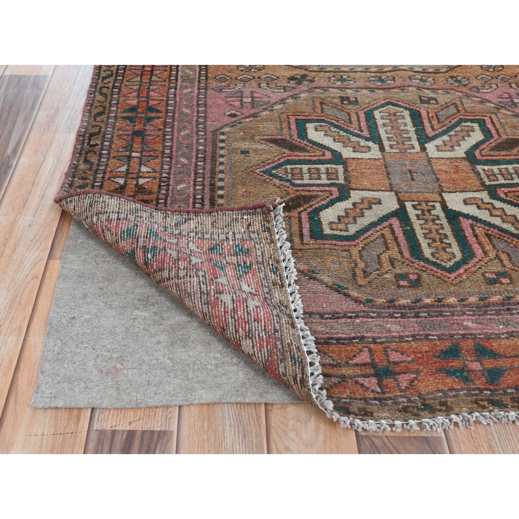 3'6"x9'4" Honey Brown with Touches of Pink Vintage Persian Heriz, Abrash, Distressed Look, Worn Down, Hand Woven Pure Wool Wide Runner Oriental Rug 