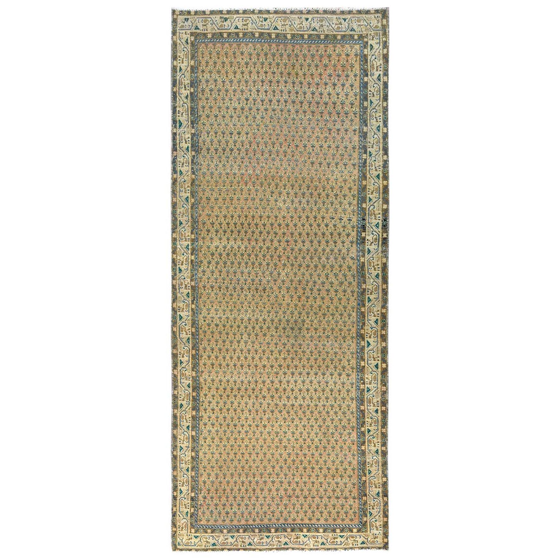 3'6"x9' Faded Peach, Hand Woven Vintage Persian Seraband with Small Repetitive All Over Boteh Design, Pure Wool, Distressed Look, Sheared Low Wide Runner Oriental Rug 