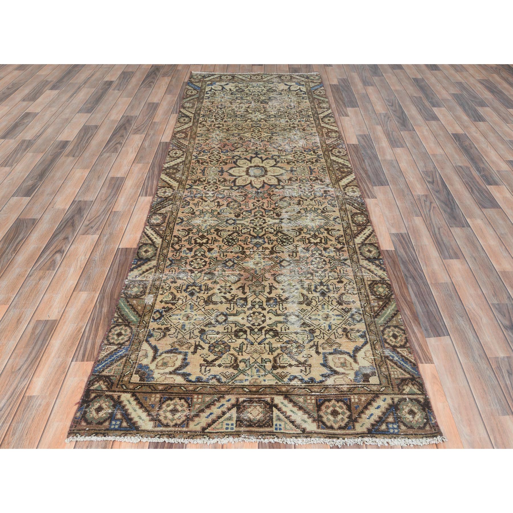 3'3"x9'9" Sand Color Worn Down Vintage Persian Hamadan with Fish Mahi Design, Hand Woven, Distressed Look, Pure Wool Wide Runner Oriental Rug 