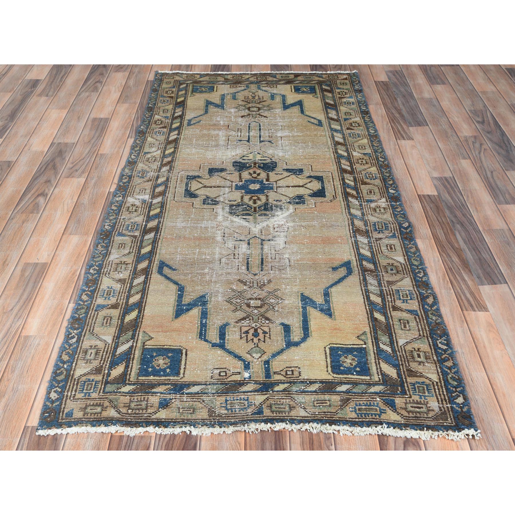 3'3"x6'8" Light Brown, Hand Woven Vintage Persian Mazlaghan, Pure Wool, Cropped Thin, Distressed Look Wide Runner Oriental Rug 