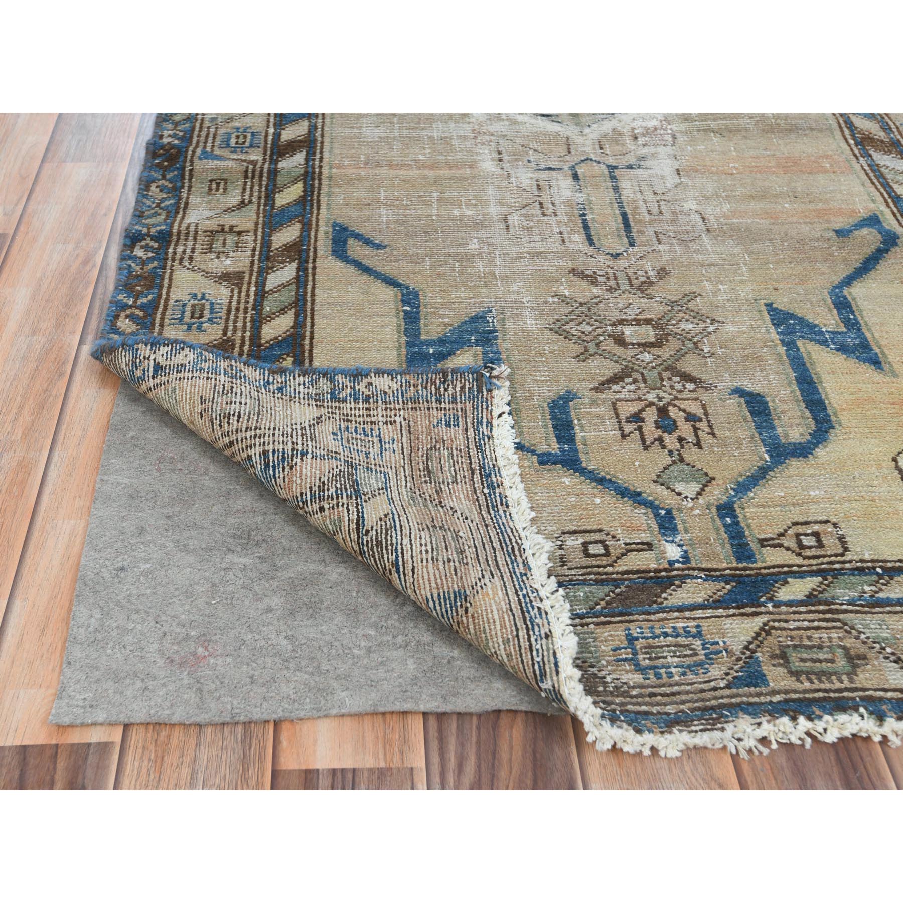3'3"x6'8" Light Brown, Hand Woven Vintage Persian Mazlaghan, Pure Wool, Cropped Thin, Distressed Look Wide Runner Oriental Rug 