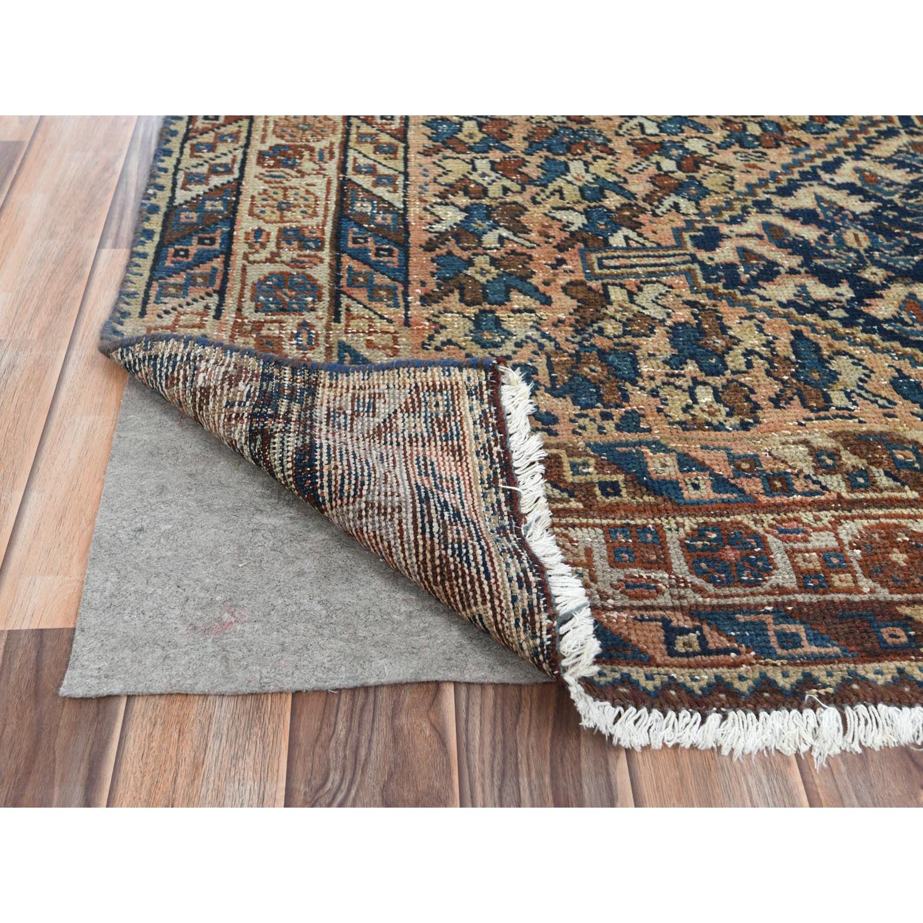 5'x6'6" Sand Color Vintage Persian Khamseh with Serrated Medallion Design, Hand Woven Pure Wool, Distressed Look, Sheared Low Oriental Rug 