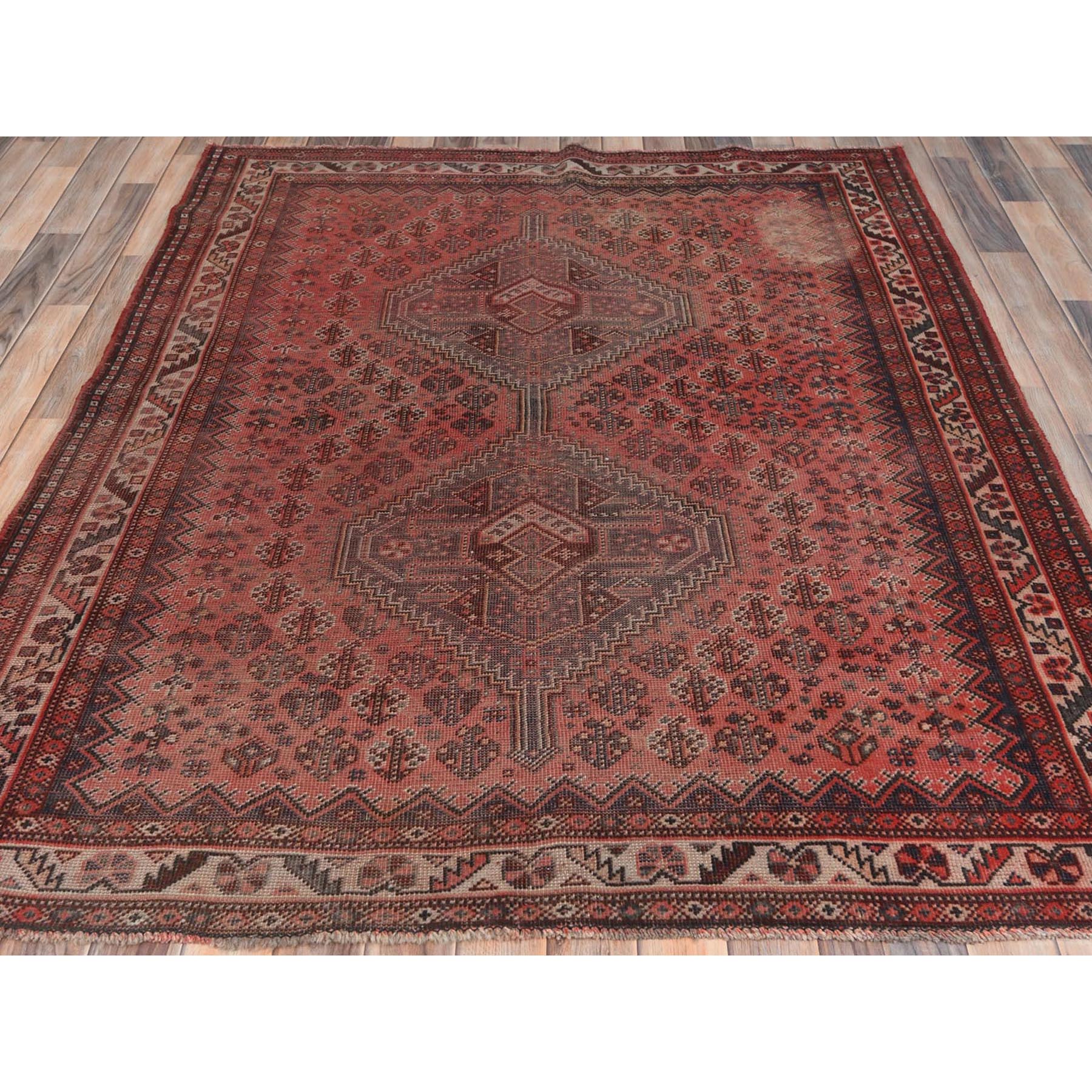 5'2"x6'2" Tomato Red, Distressed Look Vintage Persian Shiraz with Geometric Medallions Design, Hand Woven Pure Wool, Cropped Thin Squarish Oriental Rug 
