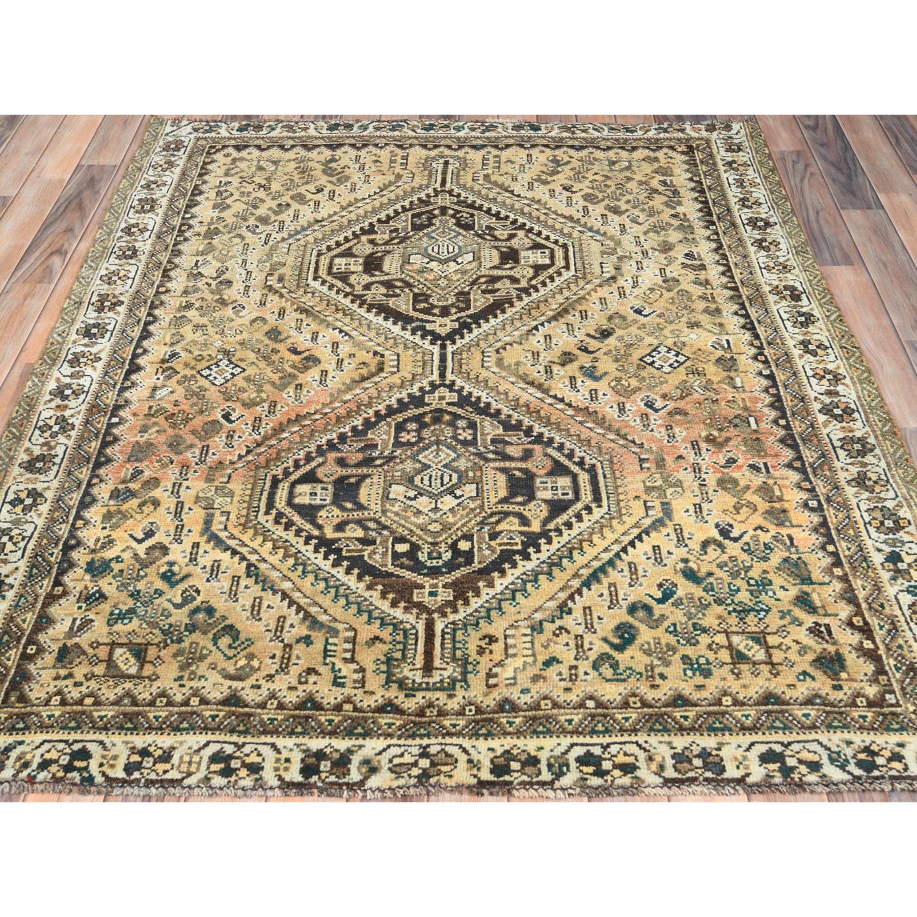 4'10"x6' Sand Color, Vintage Persian Shiraz with Geometric Medallion Design, Abrash, Hand Woven, Pure Wool, Distressed Look Cropped Thin Squarish Oriental Rug 
